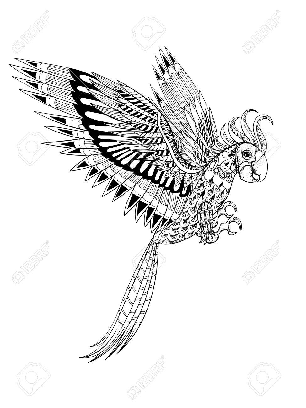 Hand drawn artistically ornamental tribal Parrot, bird totem for adult anti stress Coloring Page in zentangle style , illustration with high details isolated on white background. Vector sketch A4 size. - 51455585 Hand drawn artistically ornamental tribal Parrot, bird totem for adult anti stress Coloring Page in zentangle style , illustration with high details isolated on white background. Vector sketch A4 size. - 51455585