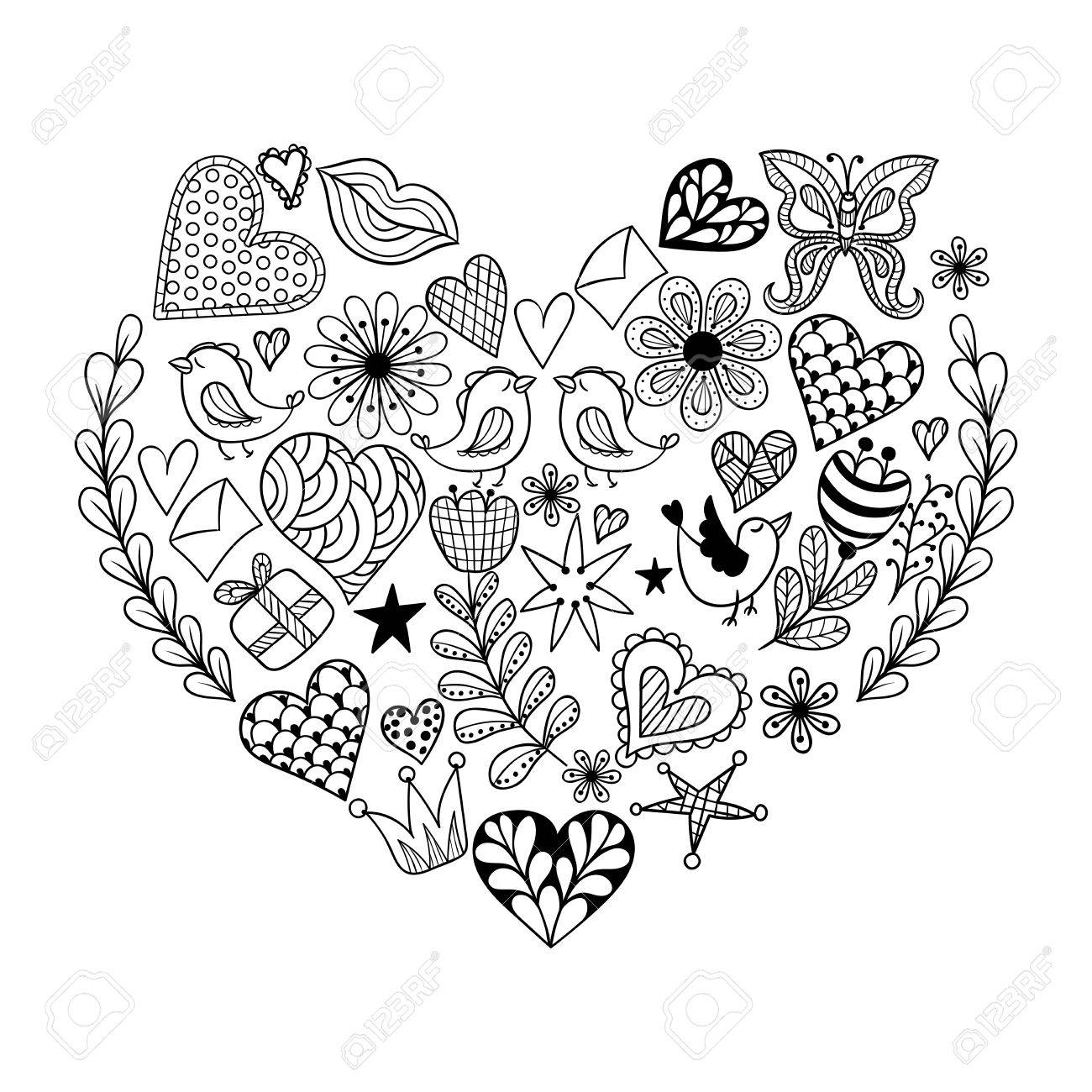 Hand drawn artistically ethnic ornamental patterned heart with romantic doodle elements of St Valentine s day