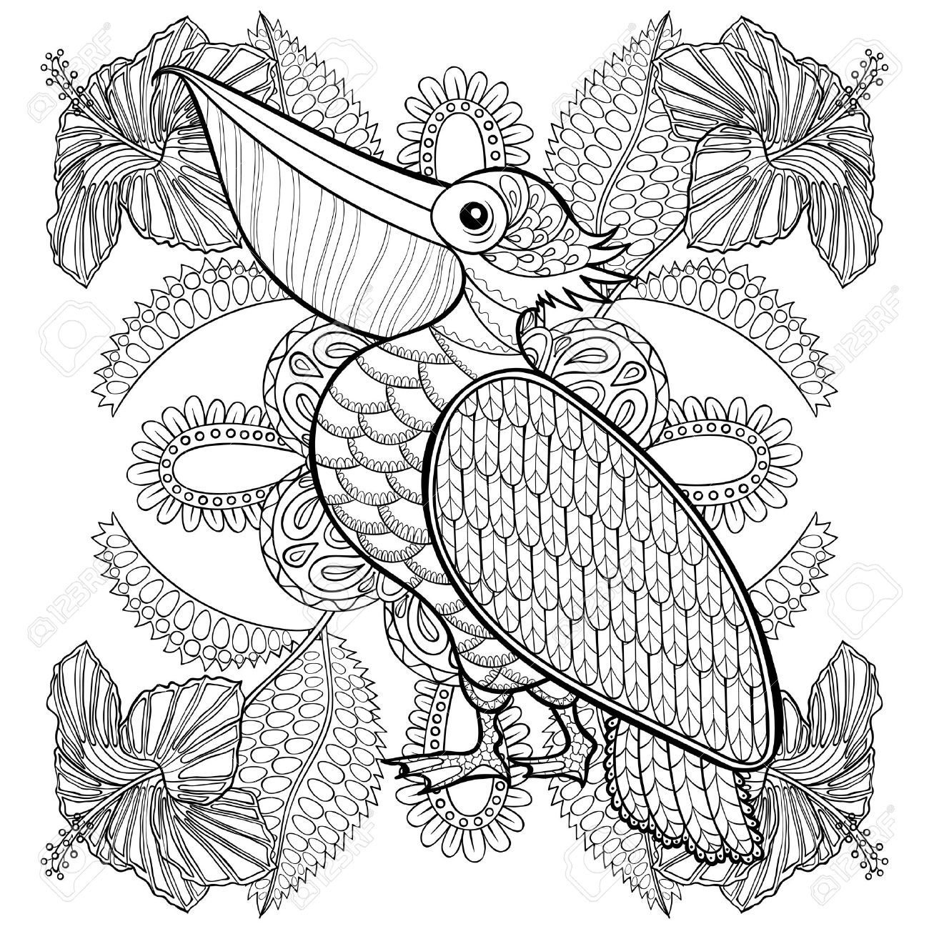 Malvorlage mit Pelikan in hibiskus Blumen, zentangle illustartion für erwachsene Coloring Bücher oder Tätowierungen mit hohen Details auf weißem Malvorlage mit Pelikan in hibiskus Blumen, zentangle illustartion für erwachsene Coloring Bücher oder Tätowierungen mit hohen Details auf weißem