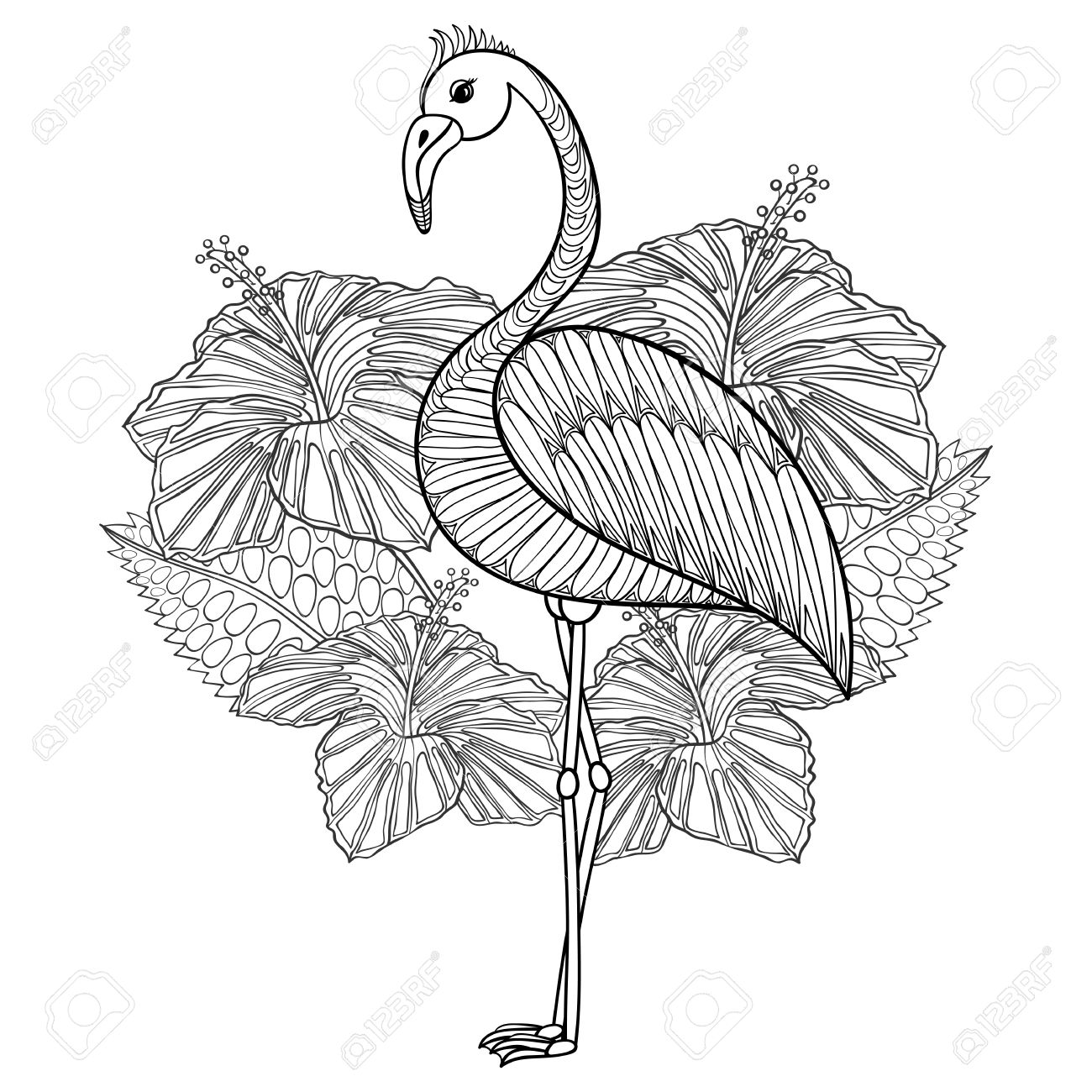 Coloriage Avec Flamingo Dans Hibiskus Illustartion Zentangle Pour Les Livres A Colorier Pour Adultes Ou Des Tatouages Avec Details Eleves Isole Sur Fond Blanc Vector Monochrome Croquis Clip Art Libres De Droits