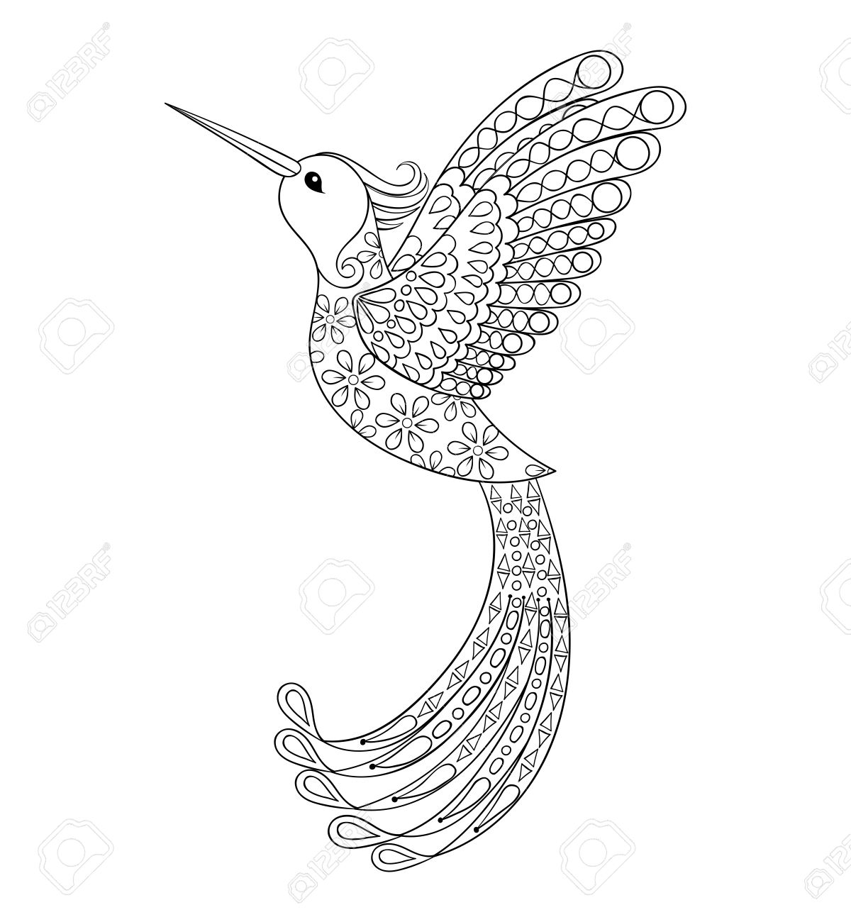 Zentangle tribal Hummingbird flying bird totem for adult Coloring Page or tattoos with high details