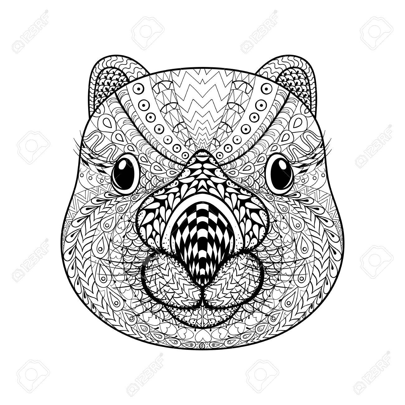 手描きトライバル ウォンバット顔 白い背景に Zentangle スタイルのイラストに分離された高詳細大人ぬりえページの動物トーテム ベクトル モノクロ スケッチ のイラスト素材 ベクタ Image