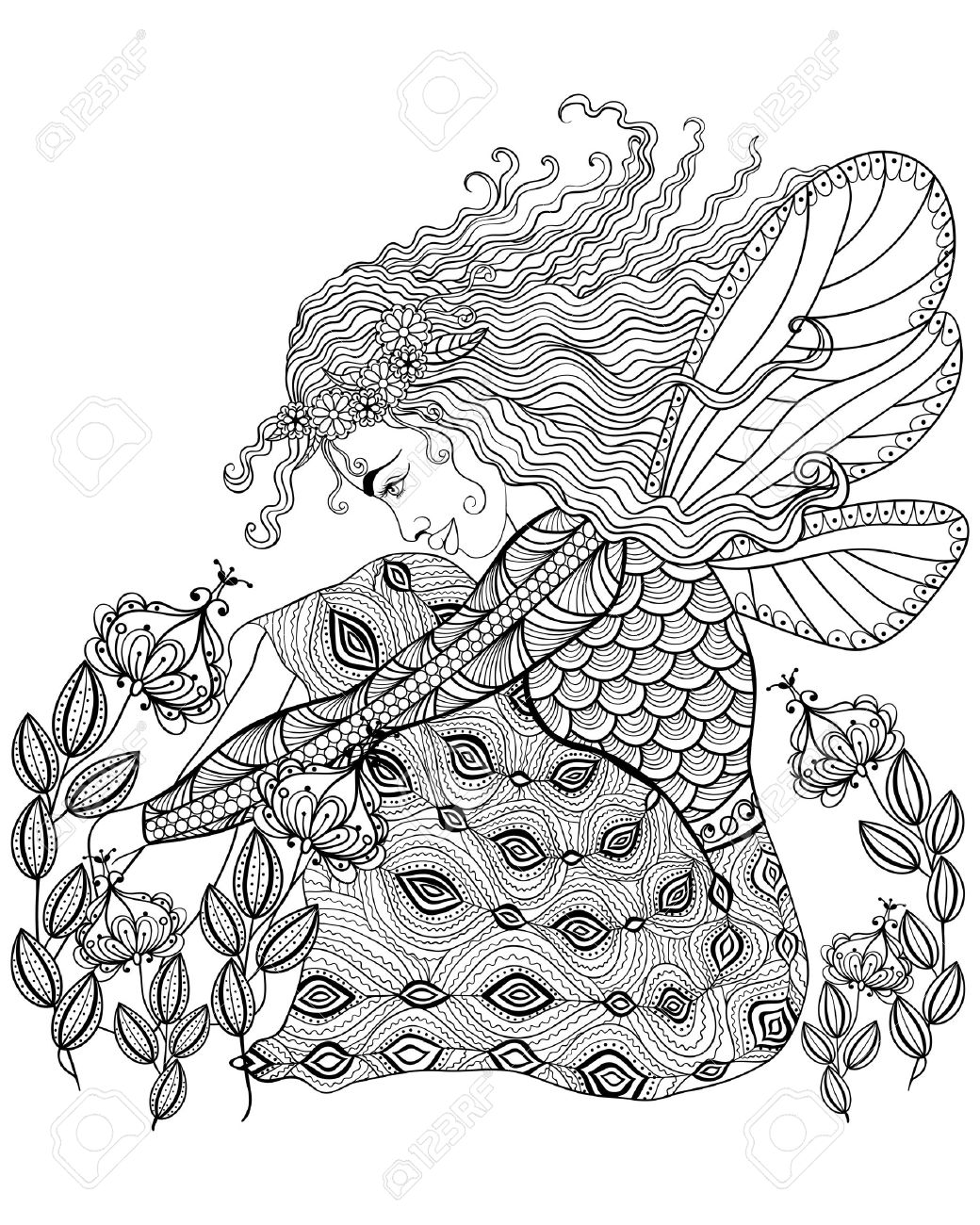 Forest Fairy With Wings In Flower For Adult Anti Stress Coloring Forest fairy with wings in flower for adult anti stress Coloring Page with high details isolated