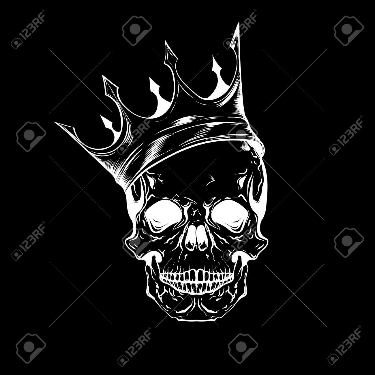 hand drawn sketch scull with crown tattoo line art vintage
