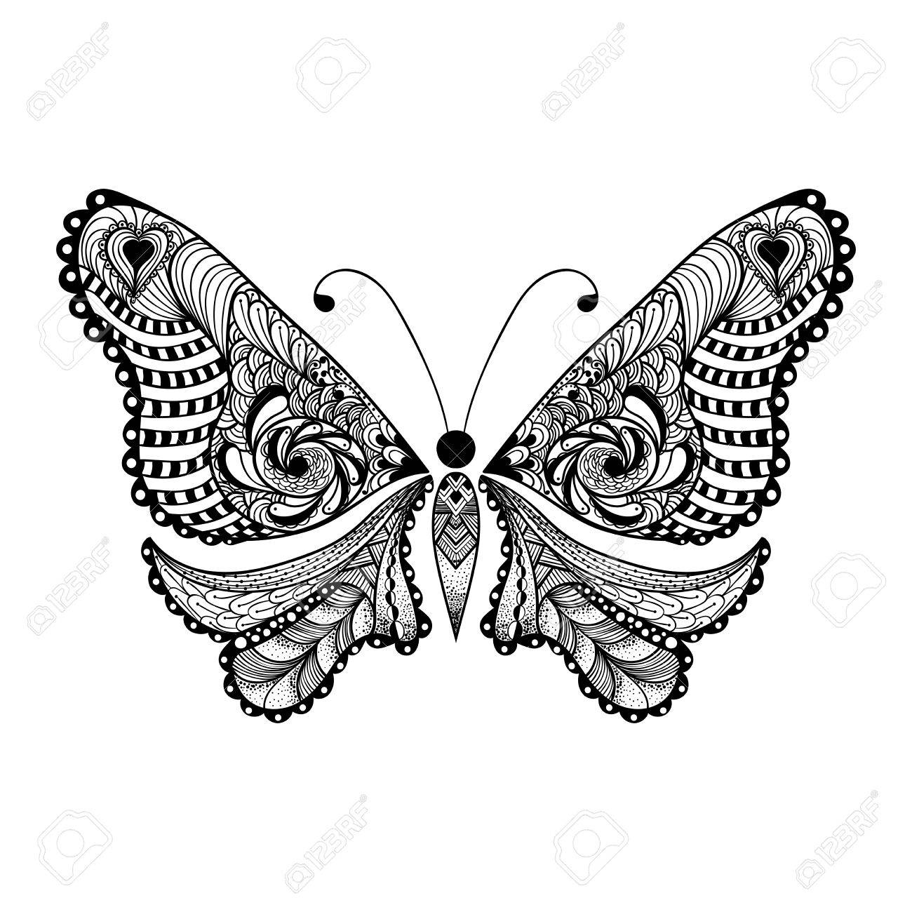 Zentangle には 黒い蝶が様式化されました 手描きの背景イラスト白い背景で隔離 入れ墨または Makhenda のためのスケッチします 昆虫のコレクションです のイラスト素材 ベクタ Image