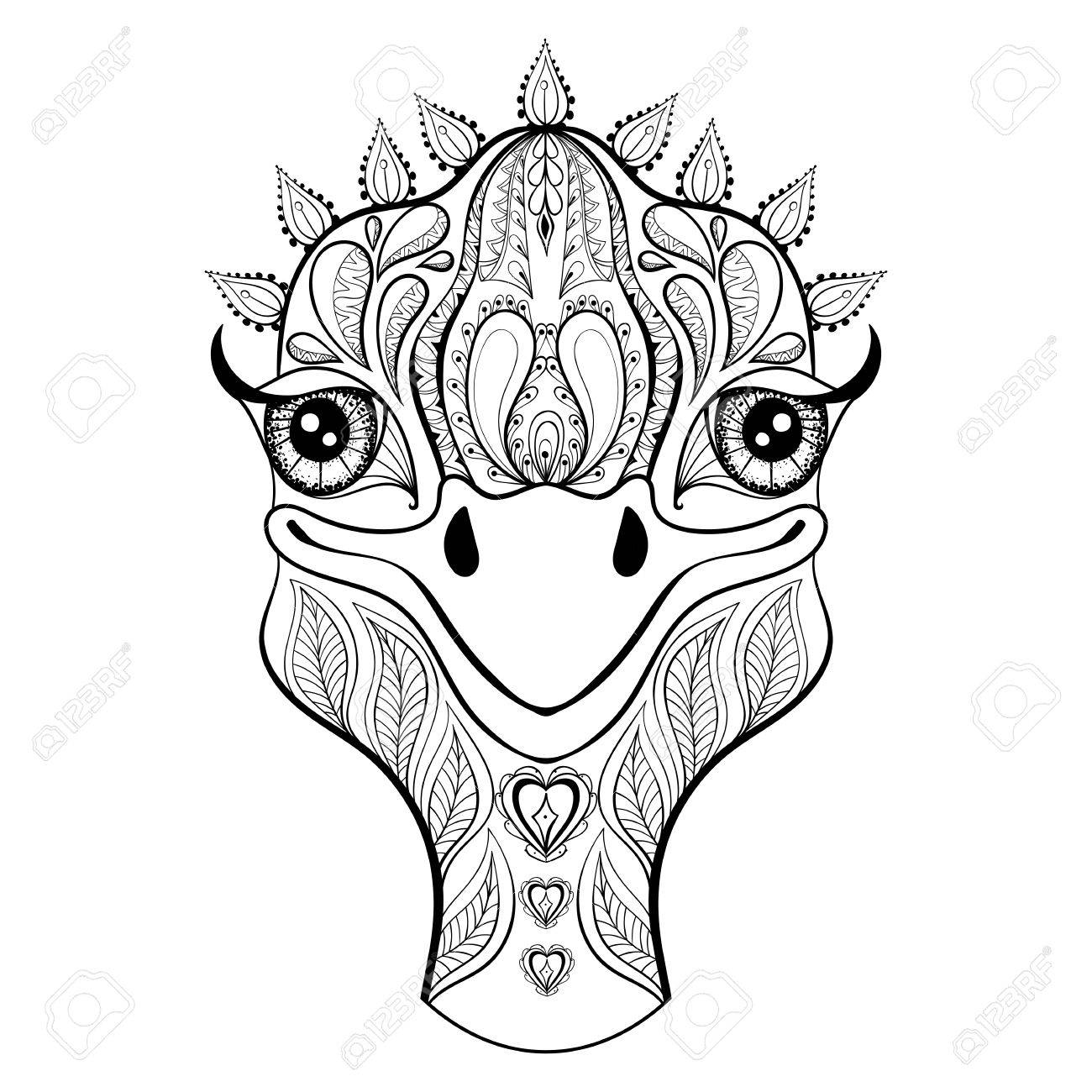 Vector ostrich for adult coloring page Hand drawn funny ostrich head for t shirt