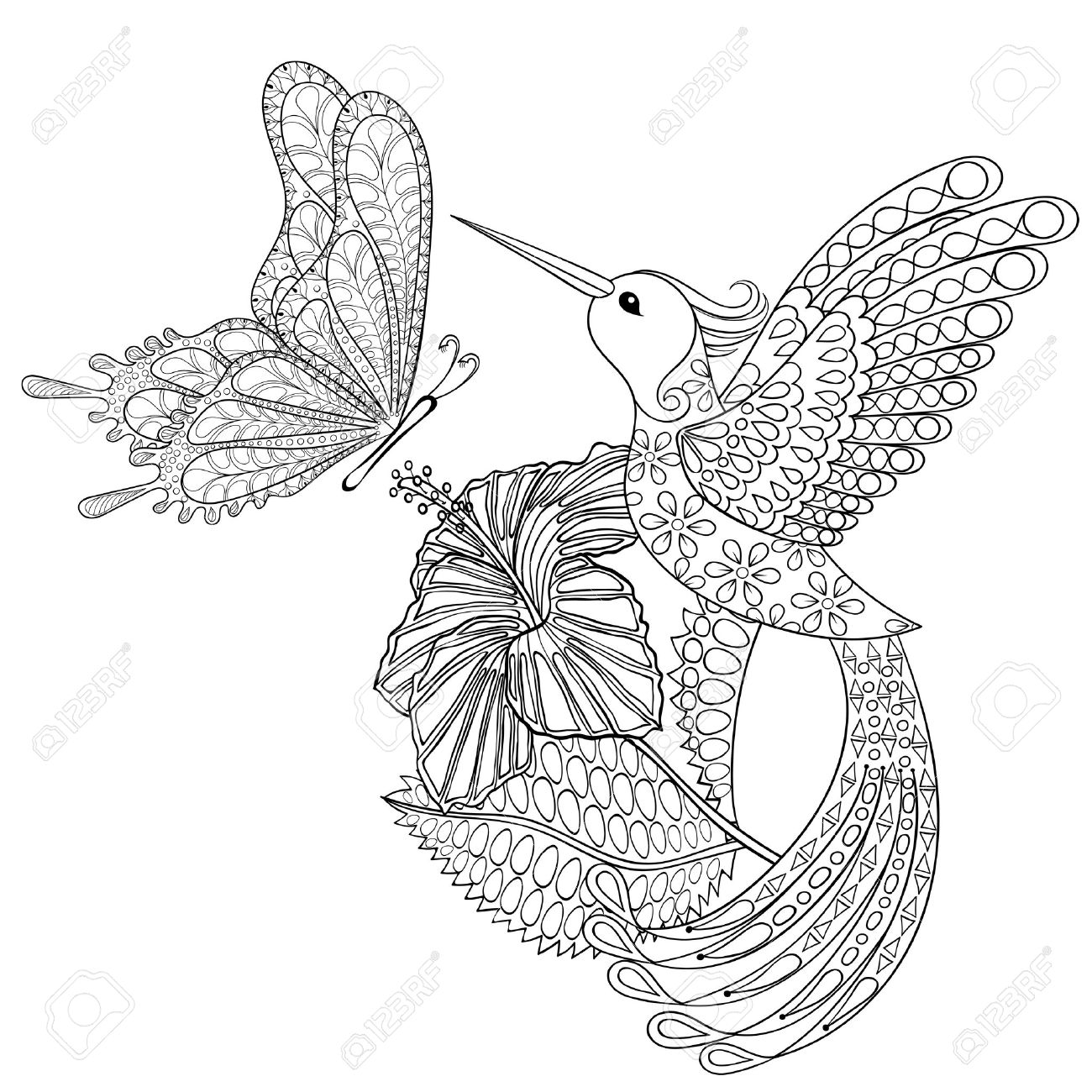 Tatouage Fleur Et Papillon Banque D Vecteurs Et Hand drawn tribal volant papillon Hummingbird en hibiskus pour les pages colorier anti