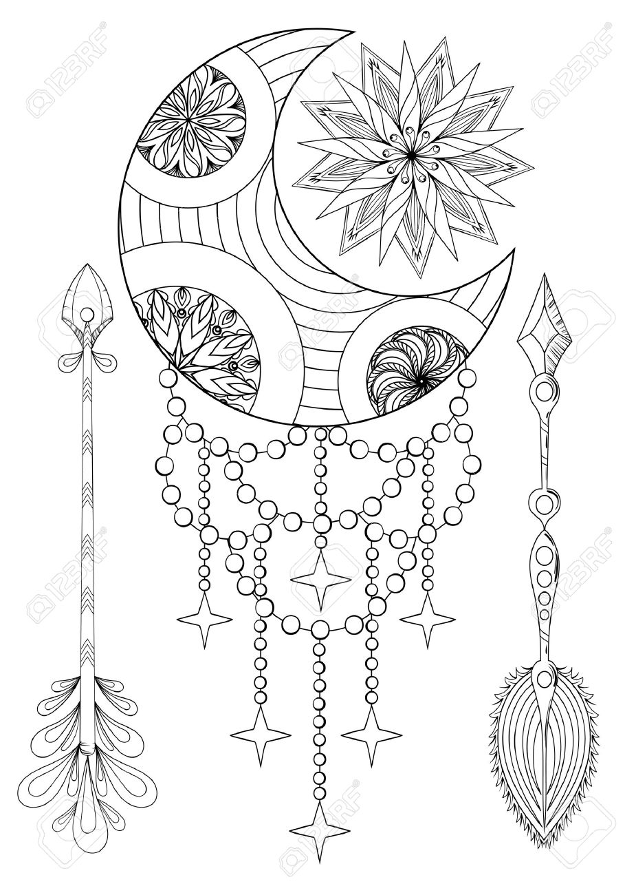 自由奔放な月と太陽を持つ矢印 手には 自由奔放な月と矢印と太陽が描かれました 手の描かれた月は 太陽 矢印設定の大人のぬり絵 エスニック柄 T シャツ 自由奔放に生きるシックな部族スタイル 落書きイラスト ヘナ タトゥー デザイン サイズ のイラスト素材