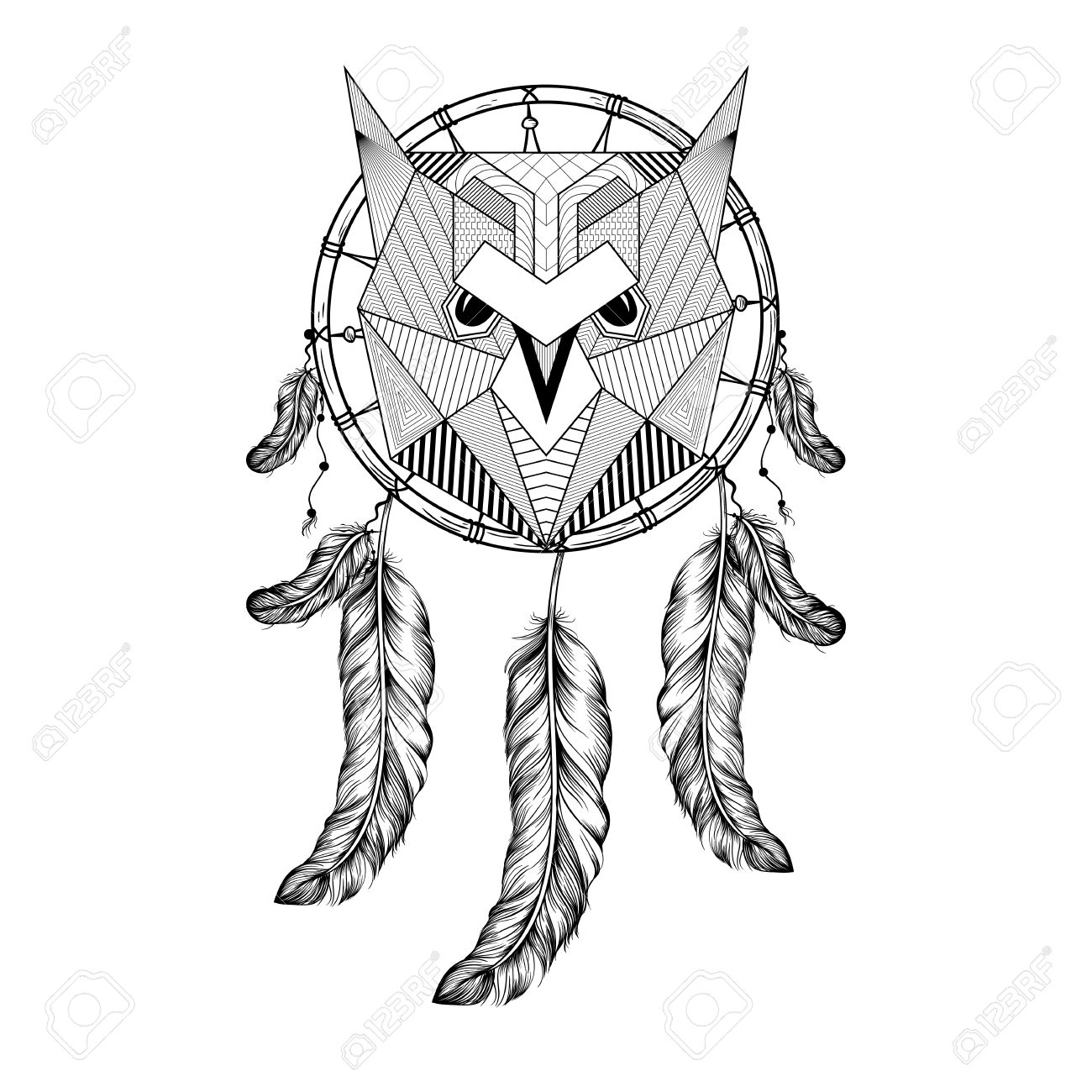 Hand Drawn Owl Bird On Dream Catcher With Feathers For Adult Royalty Free Cliparts Vectors And Stock Illustration Image 57841257