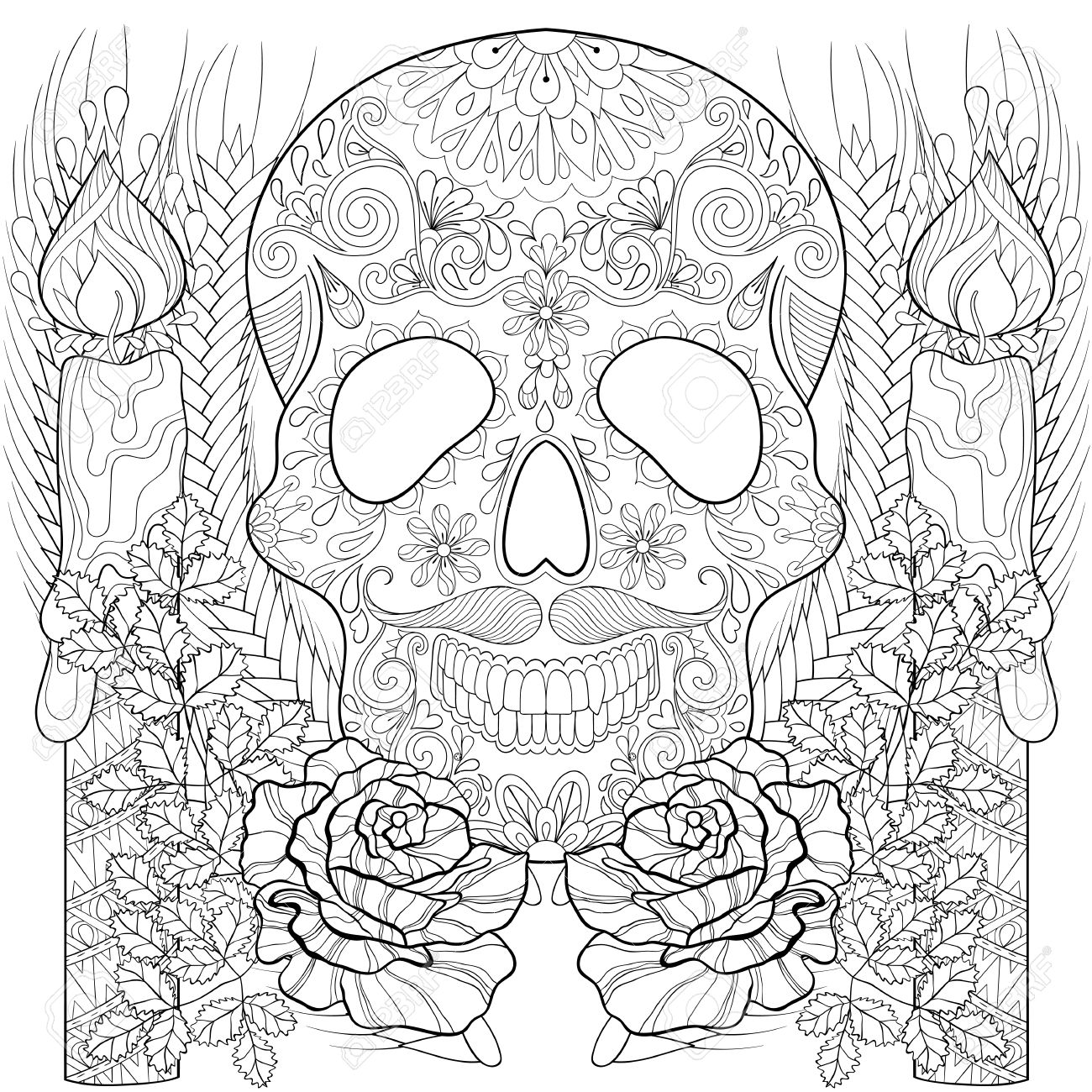 蝋燭 バラ ハロウィンのための耳と頭蓋骨を様式化されました 大人ぬりえページ 手際よく落書き要素が付いている本のためのフリーハンドのスケッチ T シャツのプリント観賞用のベクトル図 のイラスト素材 ベクタ Image