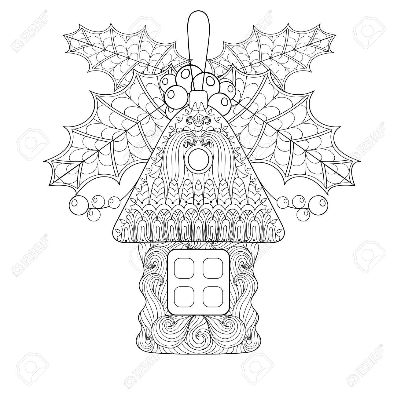 クリスマス ツリー スタイルのヤドリギの家の形のおもちゃ 大人の塗り絵の描かれたクリスマスの装飾的なスケッチを手します 新年 17年グリーティング カード ポスターのベクトル図です のイラスト素材 ベクタ Image
