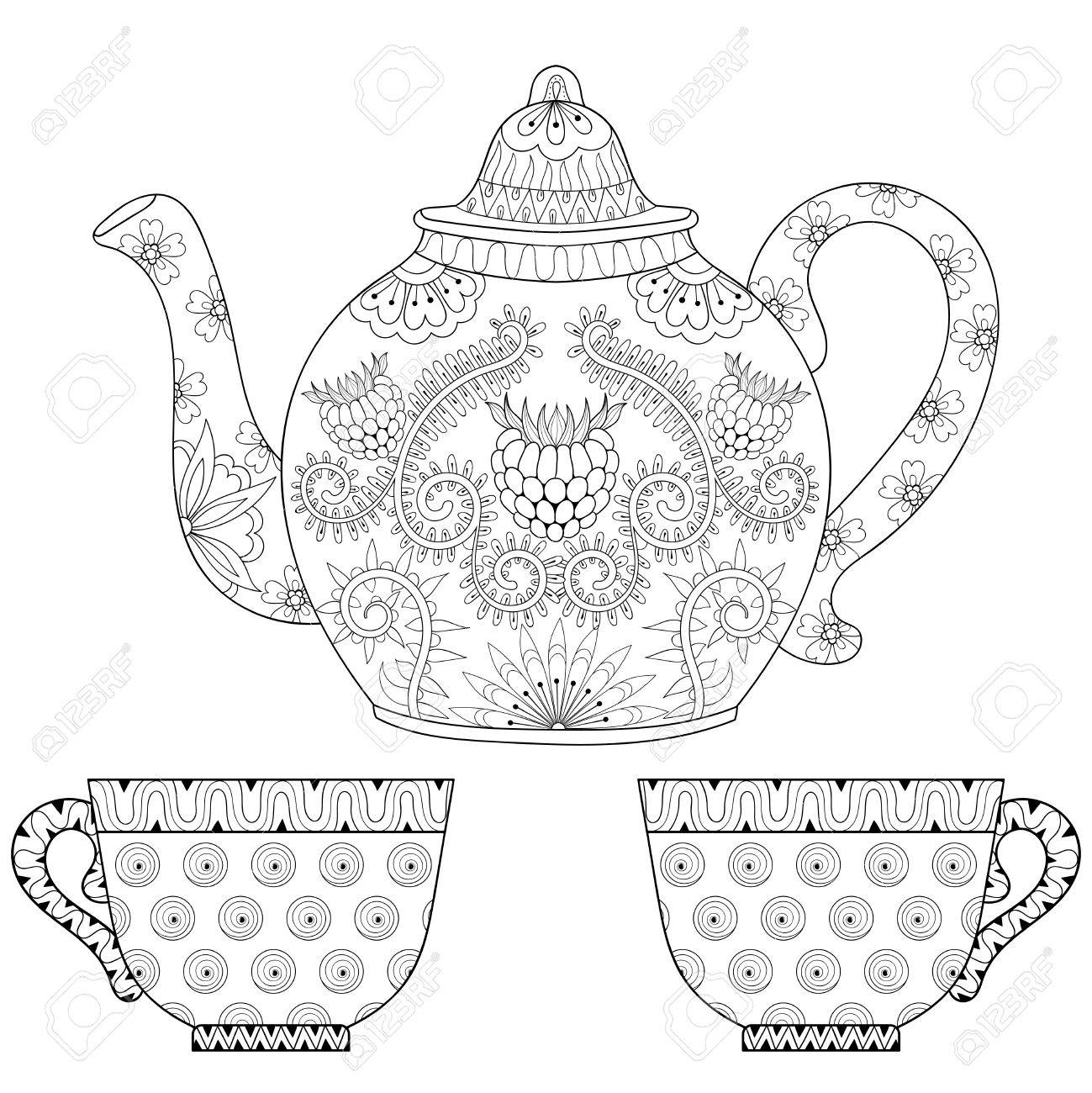 様式化された装飾ティーポット紅茶のカップと手際よく落書き要素を持つホット飲料 大人のぬり絵の民族の手描きベクトル イラスト のイラスト素材 ベクタ Image