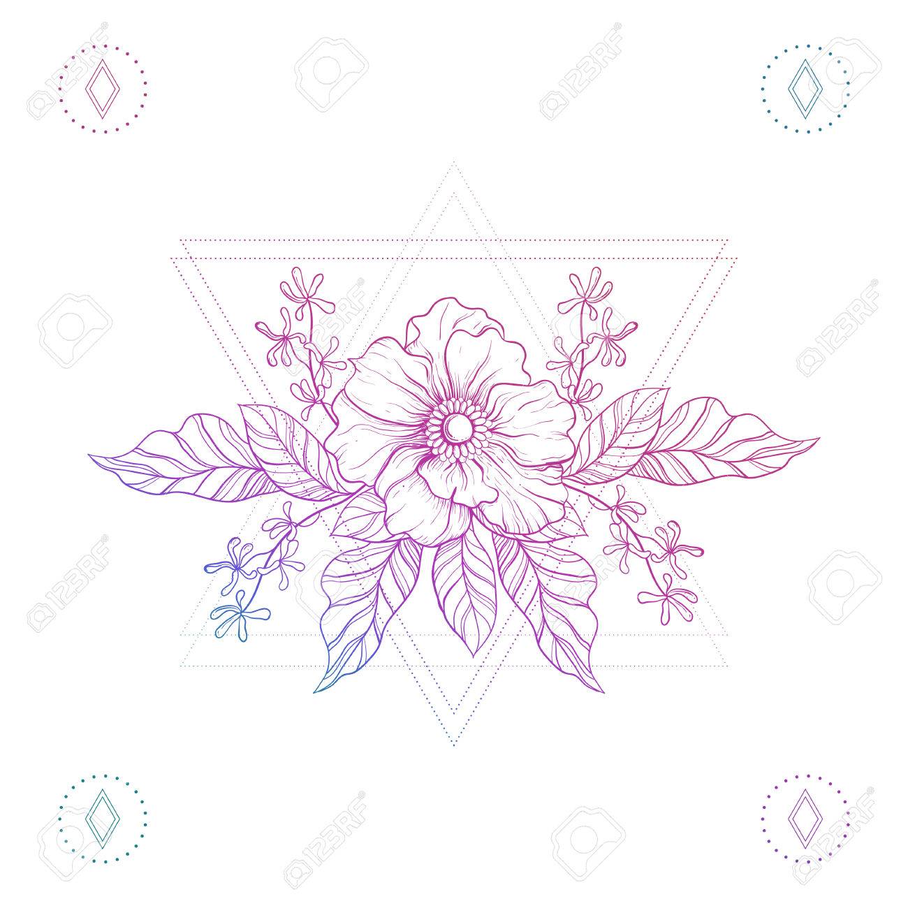 Fleurs En Triangles Hipster Tatouage Art Artistique Boho Illustration Vectorielle Bohème Symbole Mystique De La Beauté Conception De Tatouage