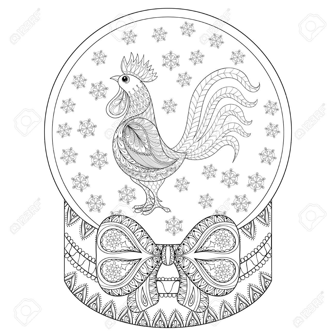 Vector zentangle Christmas snow globe with rooster snowflakes Hand drawn snowglobe for adult coloring
