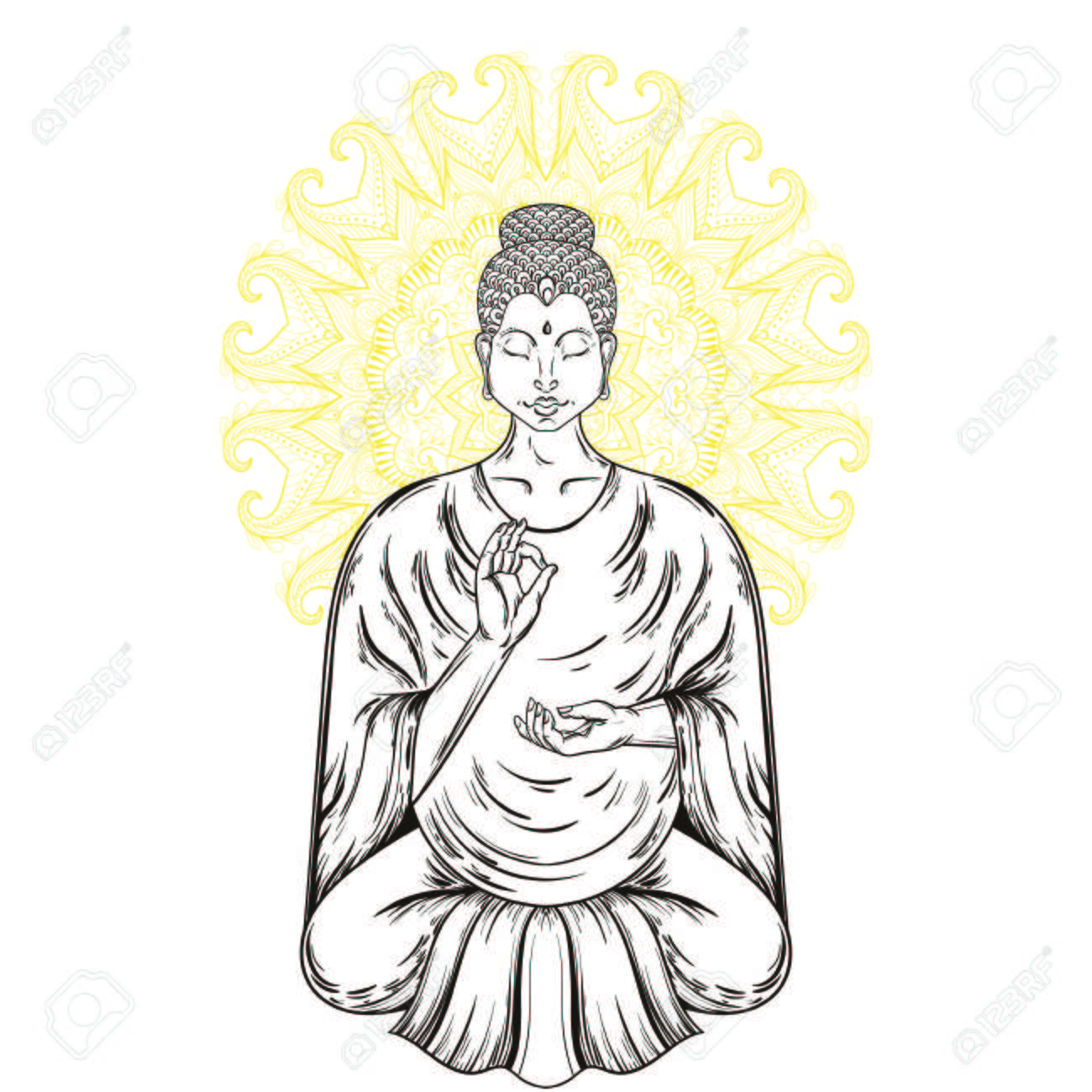 ベクトル ロータス ポーズで座っている仏像 仏教刺青芸術 宗教 T シャツ プリント ビンテージの手描きイラスト 精神的なヨガのモチーフ チベット アジアのシンボル のイラスト素材 ベクタ Image