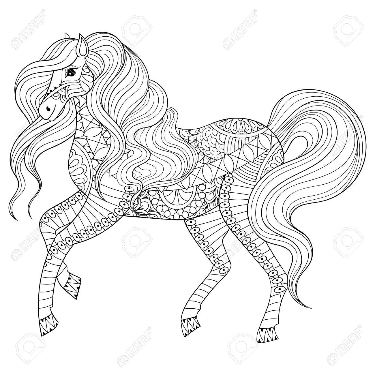 Adulte Coloriage Anti Stress A Cheval Hand Drawn Animaux Zentangle Pour Livre De Coloriage Art Therapie Carte De Voeux Element De Decoration Croquis Freehand Dans Le Style Boho Clip Art Libres De Droits