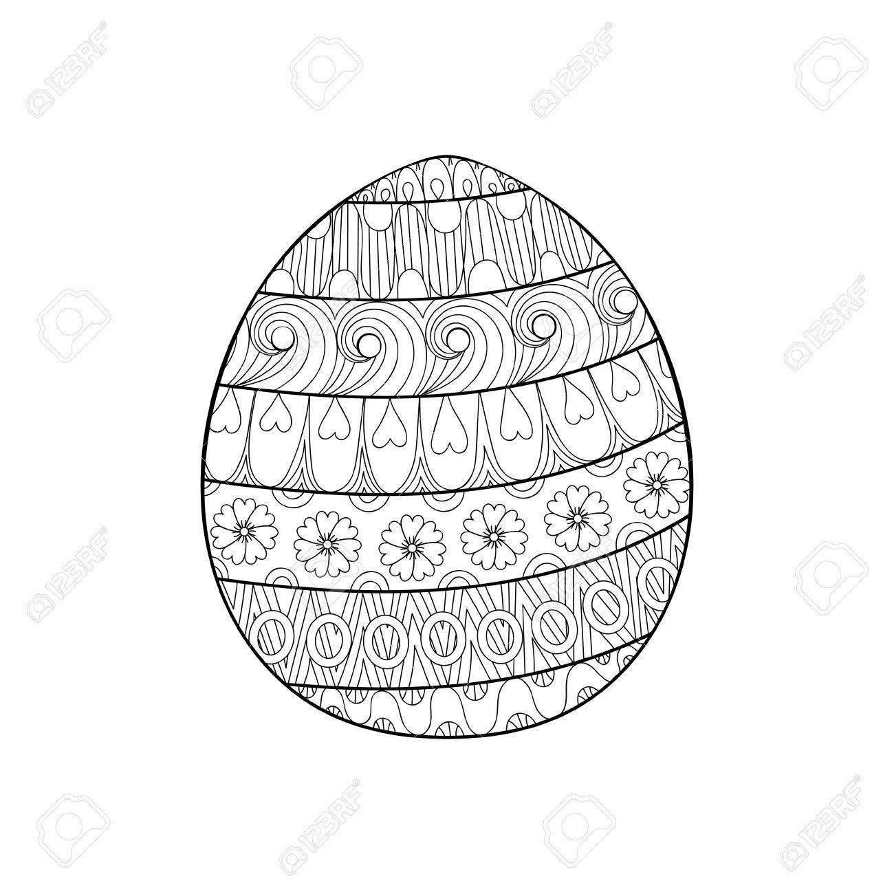 Happy Easter Zentangle Egg Decorated With Ornament Design Doodle Element For Adult Antistress Coloring Pages