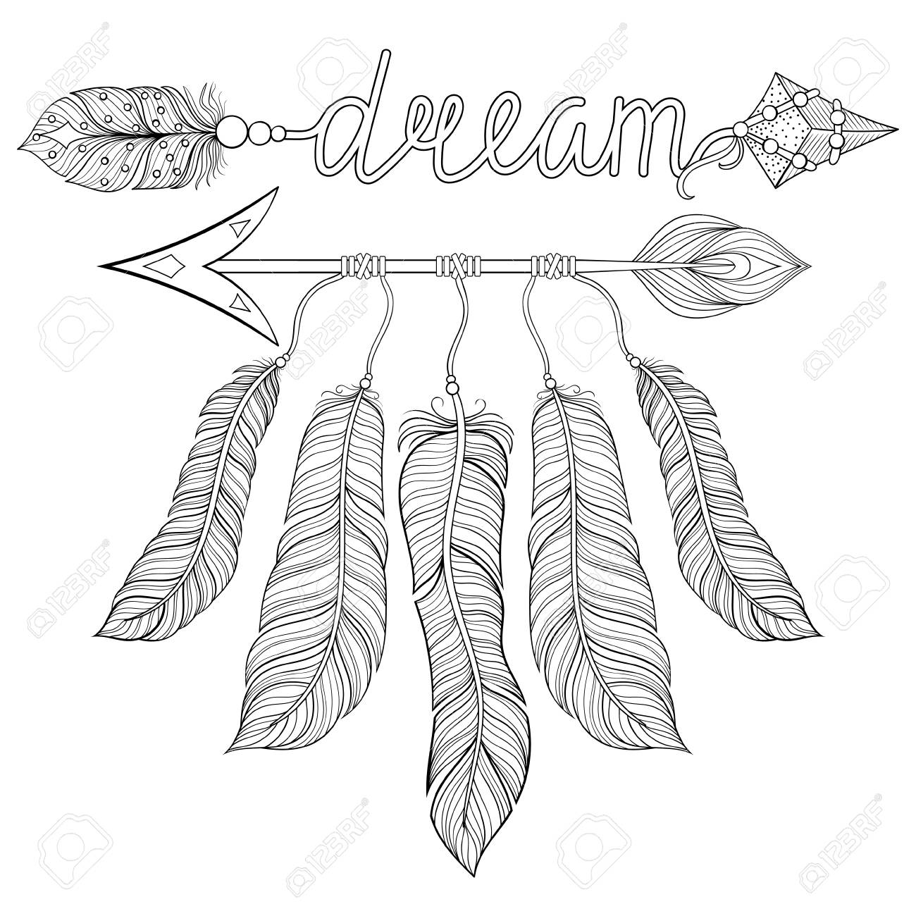 boho chic reve ethnique arrow avec plumes capteur de reves style indien americain dessine a la main illustration zentangle pour pages colorier adultes art therapie impression tribale t shirt tatouage au henne clip coloriage du drapeau syrie