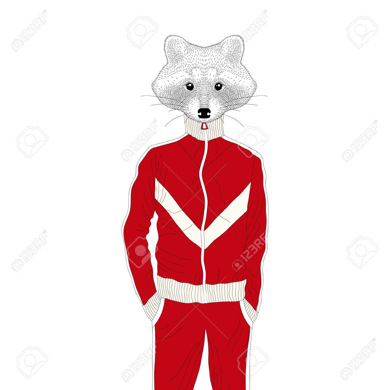 ベクトルの残忍なラコン少年スポーツに適する 90 年代 手描き擬人化動物漫画 体操服 T シャツ プリントのイラストで陽気なファッションバニー子供グリーティング カード パーティの招待状 のイラスト素材 ベクタ Image