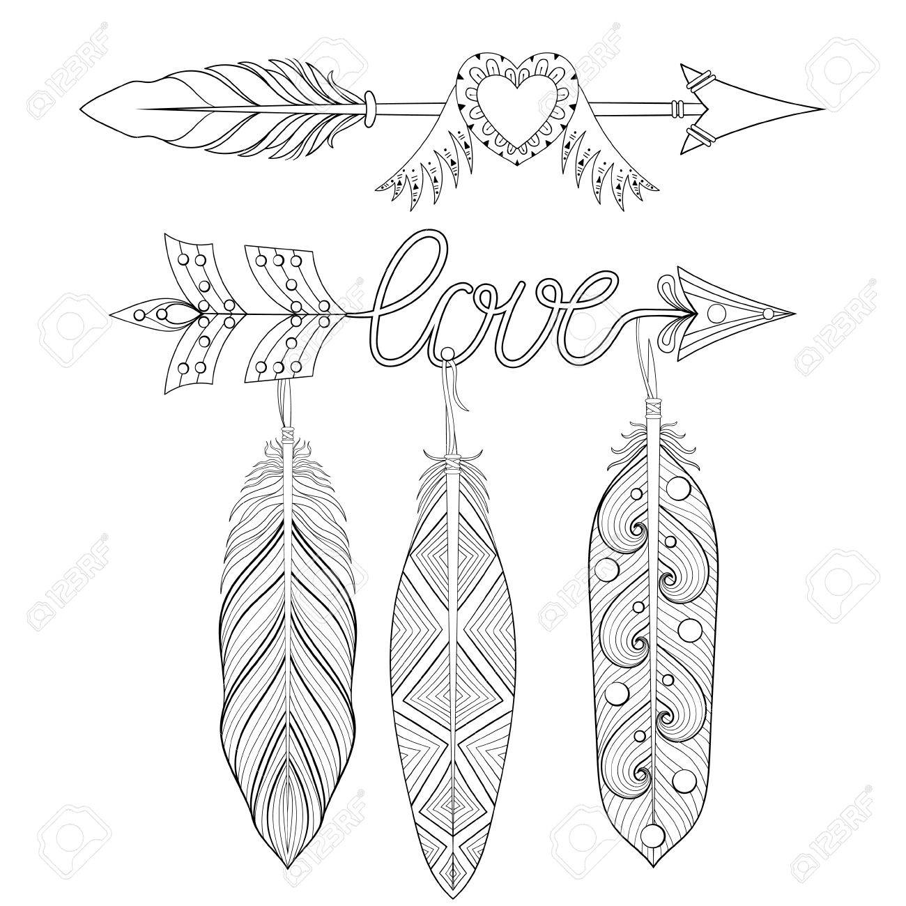 大人のぬり絵の羽で自由奔放な愛の矢を設定します 自由奔放に生きるシックな部族スタイル 落書きイラスト 聖バレンタインの日にヘナ タトゥー デザインのイラスト素材 ベクタ Image