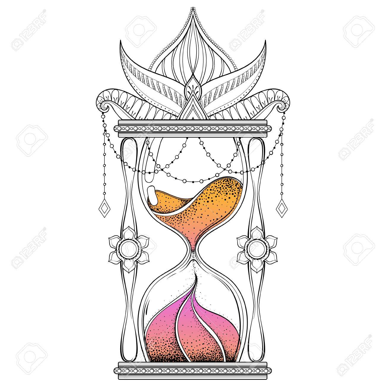 Vintage Timer With Color Sand In Dotwork Tattoo Design For Alchemist  T-shirt Print. Hand Drawn Antique Wizard Hourglass Vector Illustration.  Royalty Free SVG, Cliparts, Vectors, and Stock Illustration. Image 71798891., image size:1300x1300