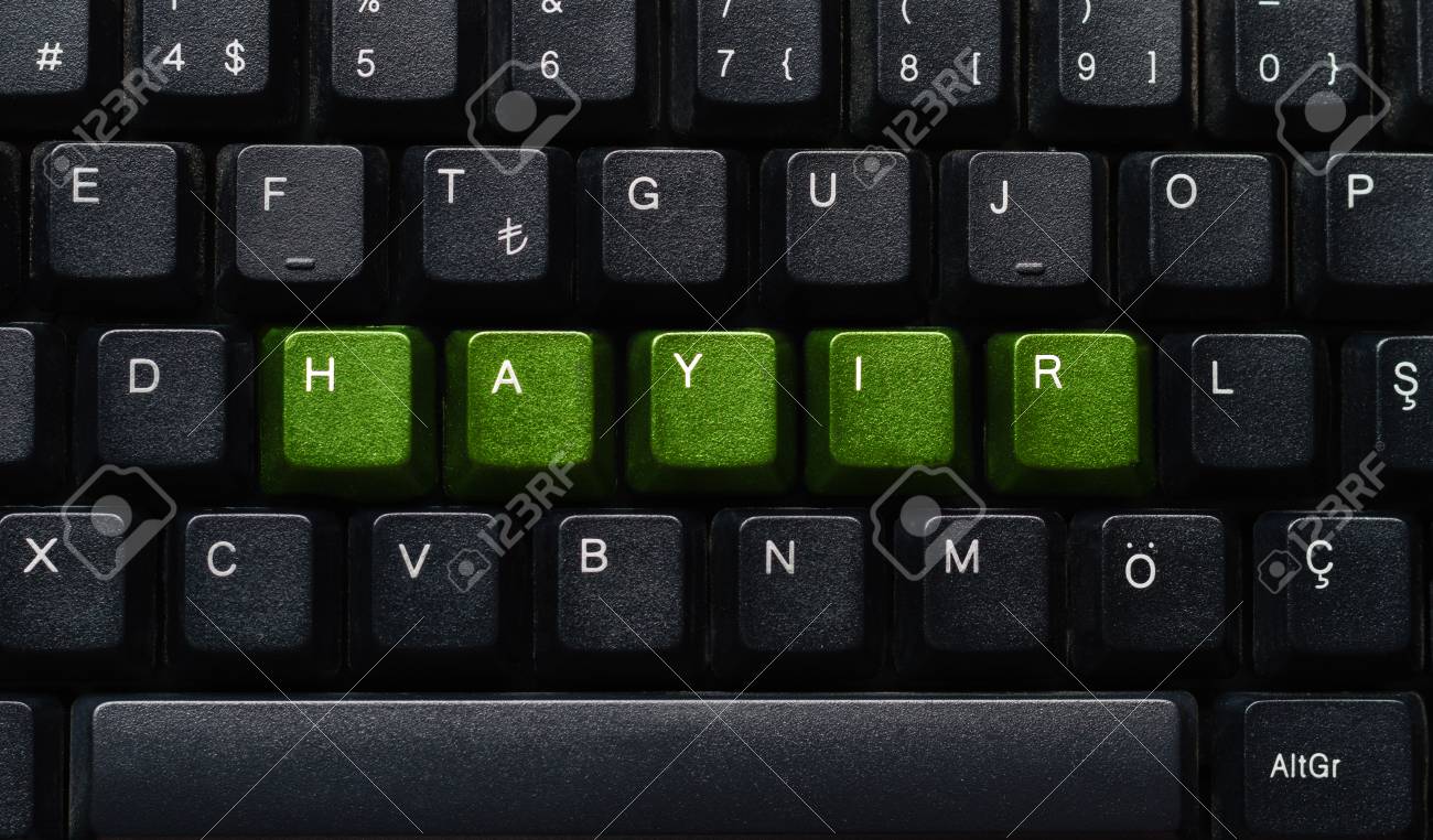 行でキーボードに書かれたトルコ語の Hayir の意味の単語 No 緑のキーで行のキーボードに書かれたトルコ語の意味 Hayir 単語 No の 写真素材 画像素材 Image