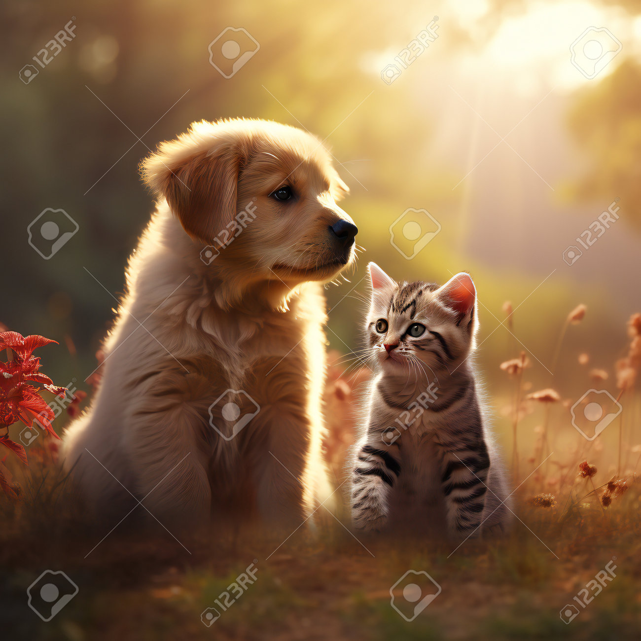 ゴールデンレトリバーの子犬とぶちの子猫が秋の公園で一緒に 世界動物