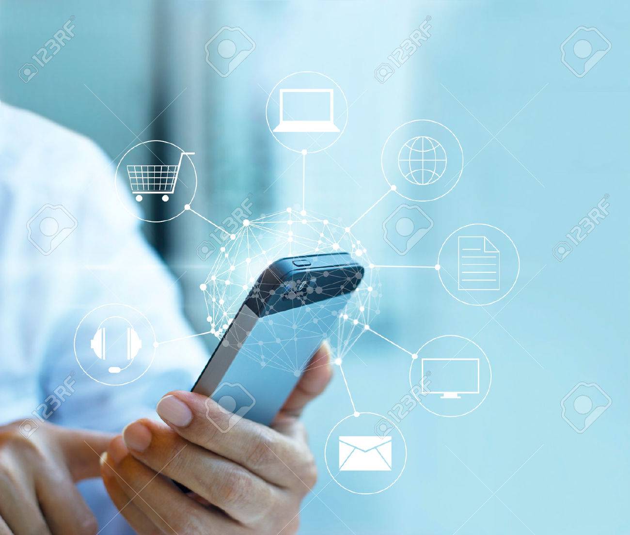 Man using mobile payment, holding circle global and icon customer network connection, Omni Channel or Multi channel - 54952213 Man using mobile payment, holding circle global and icon customer network connection, Omni Channel or Multi channel - 54952213