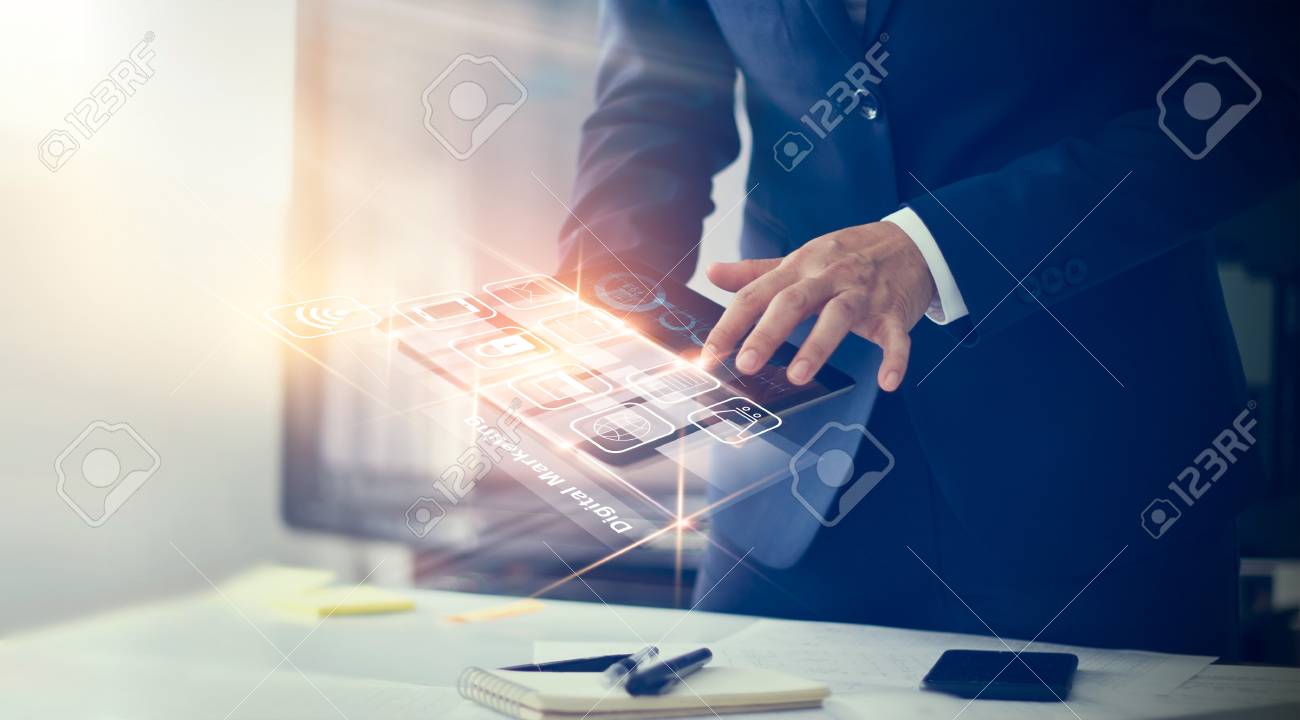 Digital marketing. Businessman using modern interface payments online shopping and icon customer network connection on virtual screen. Business innovation technology concept - 98722856 Digital marketing. Businessman using modern interface payments online shopping and icon customer network connection on virtual screen. Business innovation technology concept - 98722856