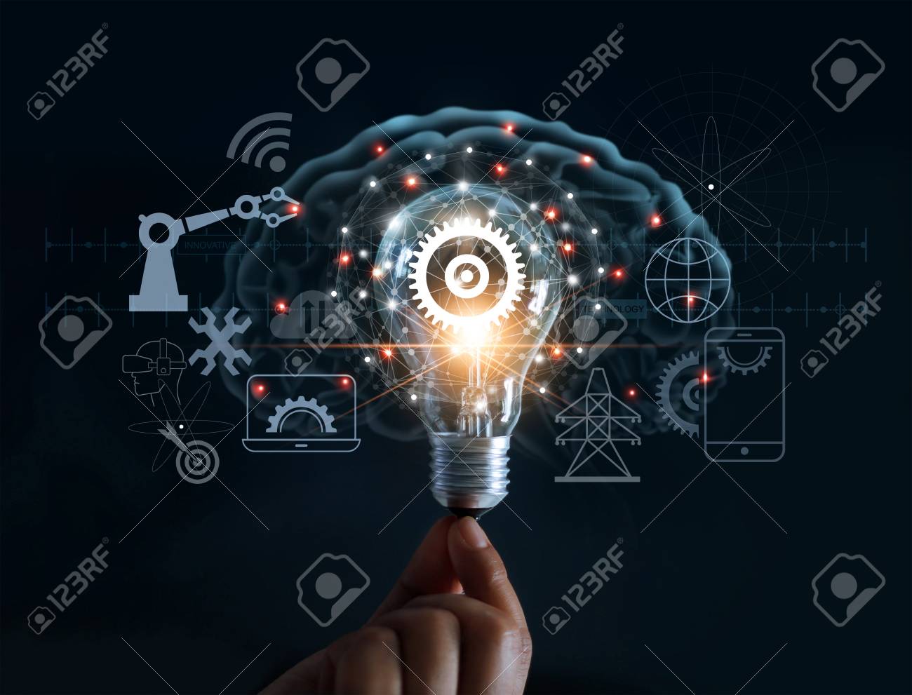 Hand holding light bulb and cog inside and innovation icon network connection on brain background, innovative technology in science and industrial concept - 102231232 Hand holding light bulb and cog inside and innovation icon network connection on brain background, innovative technology in science and industrial concept - 102231232