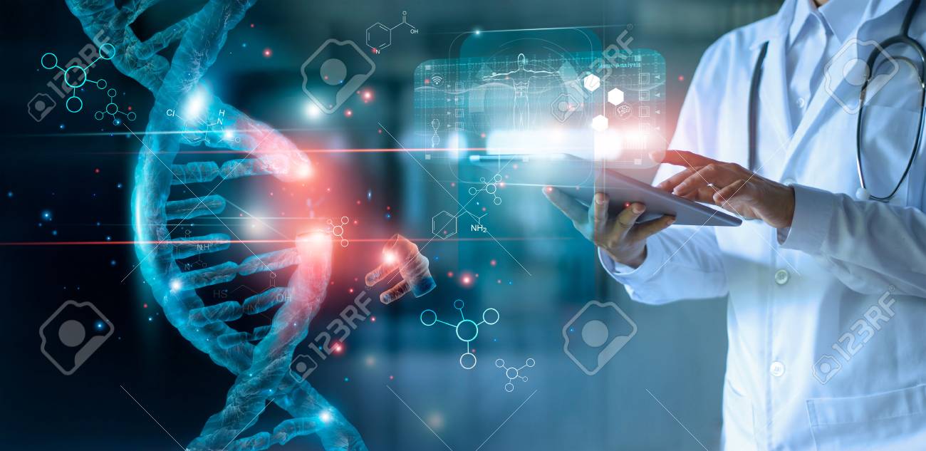 Abstract luminous DNA molecule. Doctor using tablet and check with analysis chromosome DNA genetic of human on virtual interface. Medicine. Medical science and biotechnology. - 126271924 Abstract luminous DNA molecule. Doctor using tablet and check with analysis chromosome DNA genetic of human on virtual interface. Medicine. Medical science and biotechnology. - 126271924