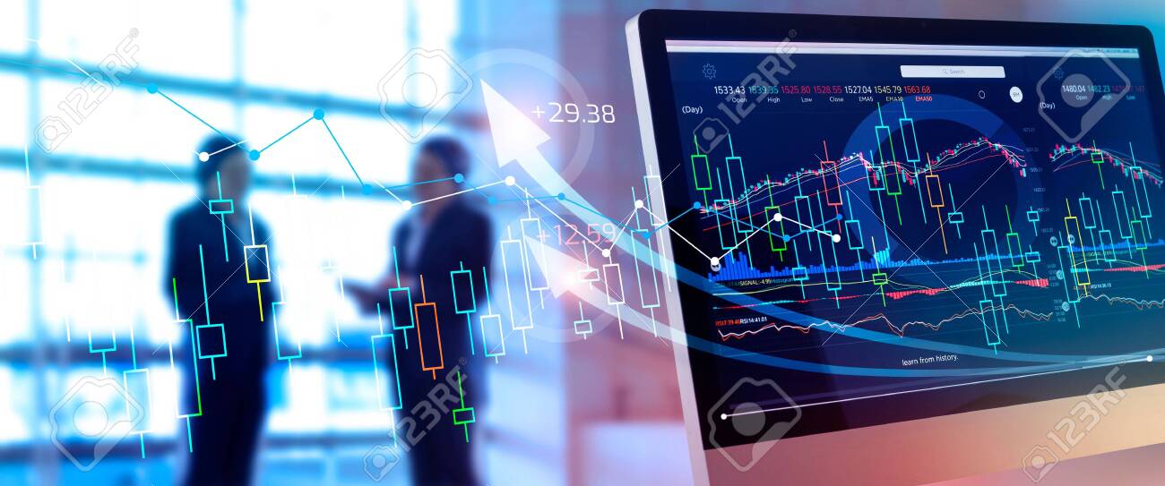 Investing and stock market gain and profits with graph charts, diagrams, growth, financial figures and investor business - 128381308 Investing and stock market gain and profits with graph charts, diagrams, growth, financial figures and investor business - 128381308