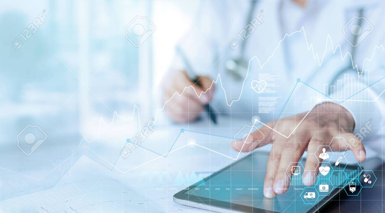 Healthcare business graph data and growth, Medical examination and doctor analyzing medical report network connection on tablet screen. - 133305632 Healthcare business graph data and growth, Medical examination and doctor analyzing medical report network connection on tablet screen. - 133305632