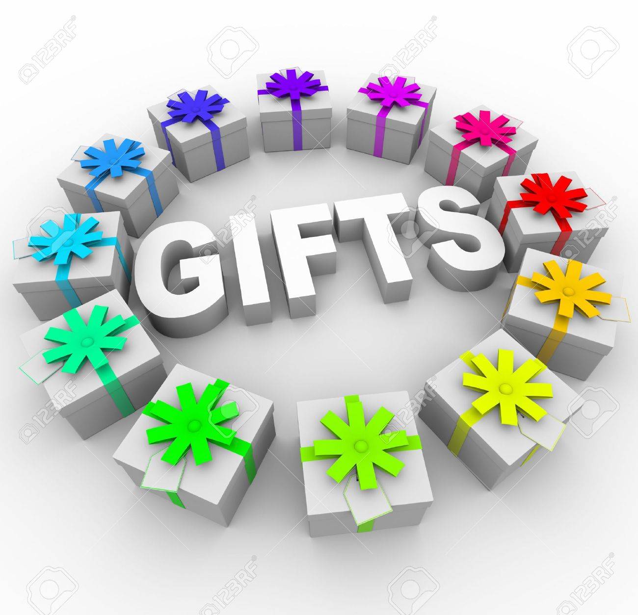 the word gifts surrounded by presents with different color ribbons