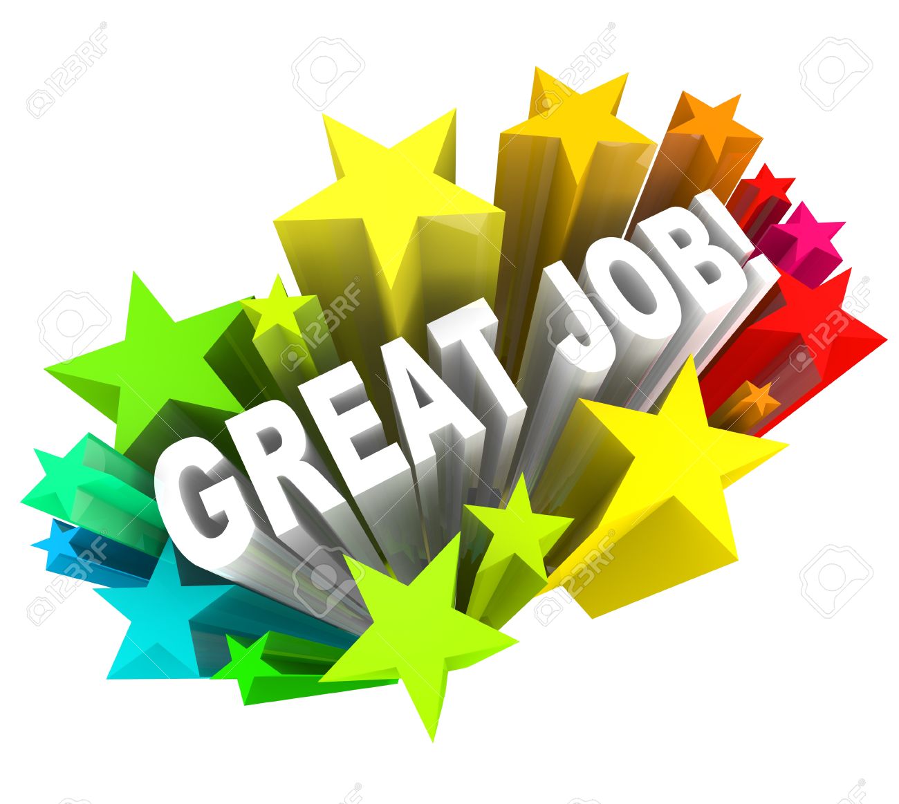 The words Great Job surrounded by a burst of colorful stars, communicating good praise for a project accomplished and successful goal attained - 10015112 The words Great Job surrounded by a burst of colorful stars, communicating good praise for a project accomplished and successful goal attained - 10015112