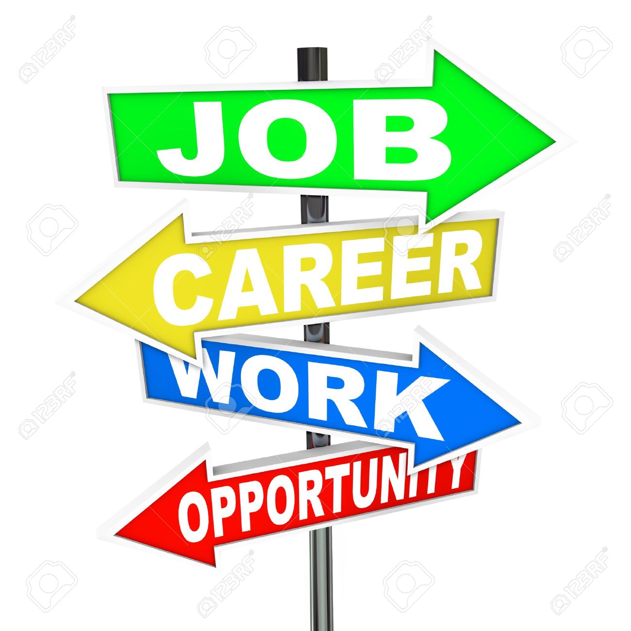 the words job career work and opportunity on colorful road stock working job