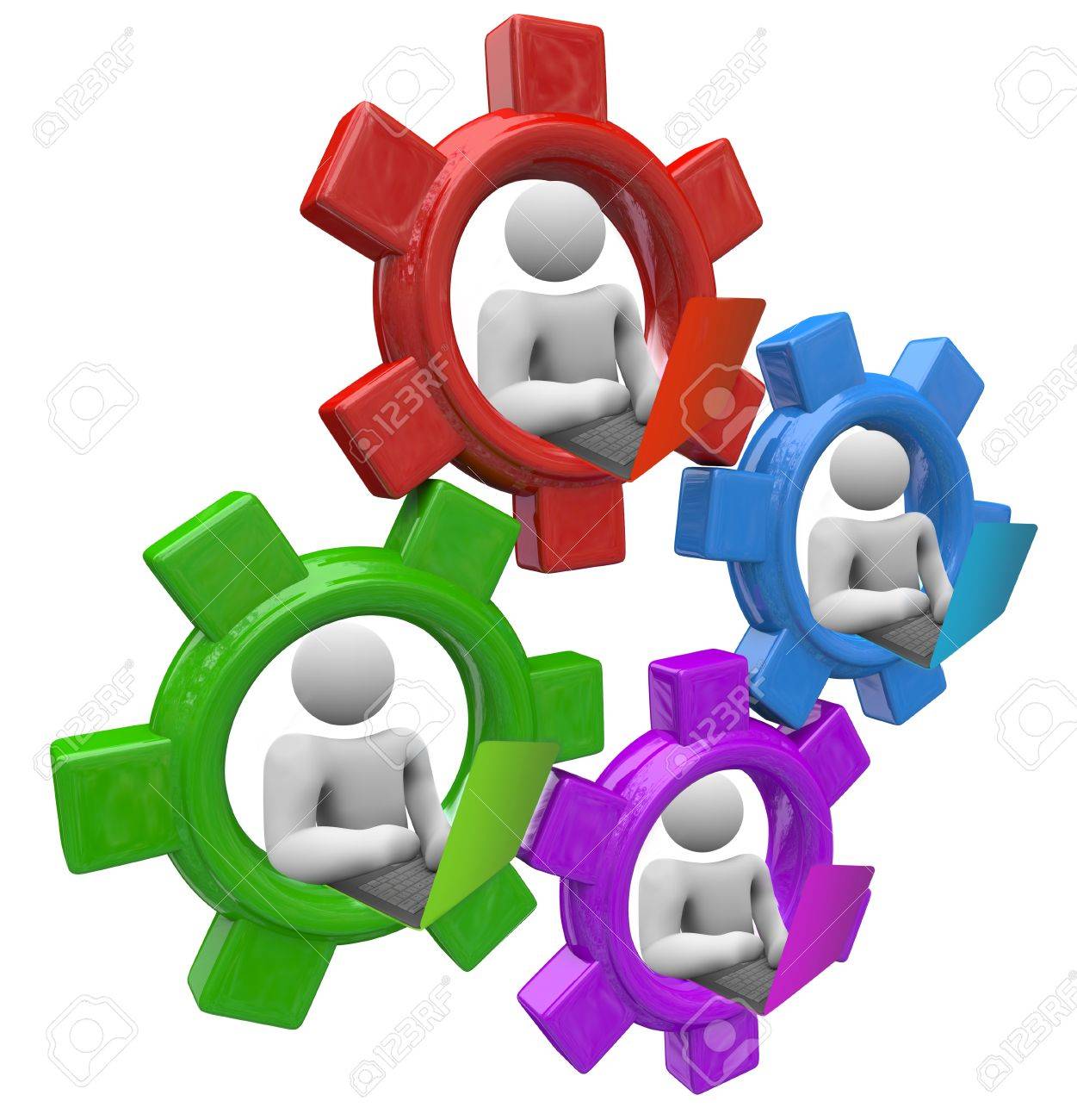 共通の目標に向かって共同作業におけるチームワークとコラボレーションを象徴するカラフルなギヤ車輪のラップトップ コンピューターで作業して 4 人 の写真素材 画像素材 Image