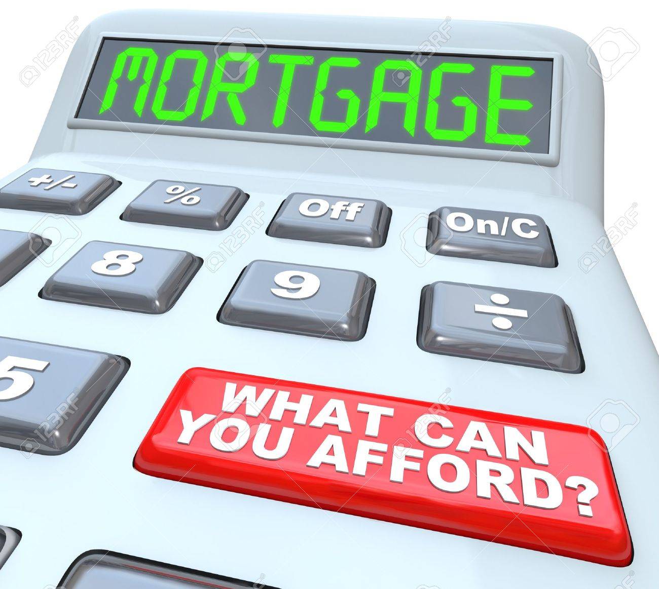 the word mortgage on a calculator digital display symbolizing mortgage borrowing calculator