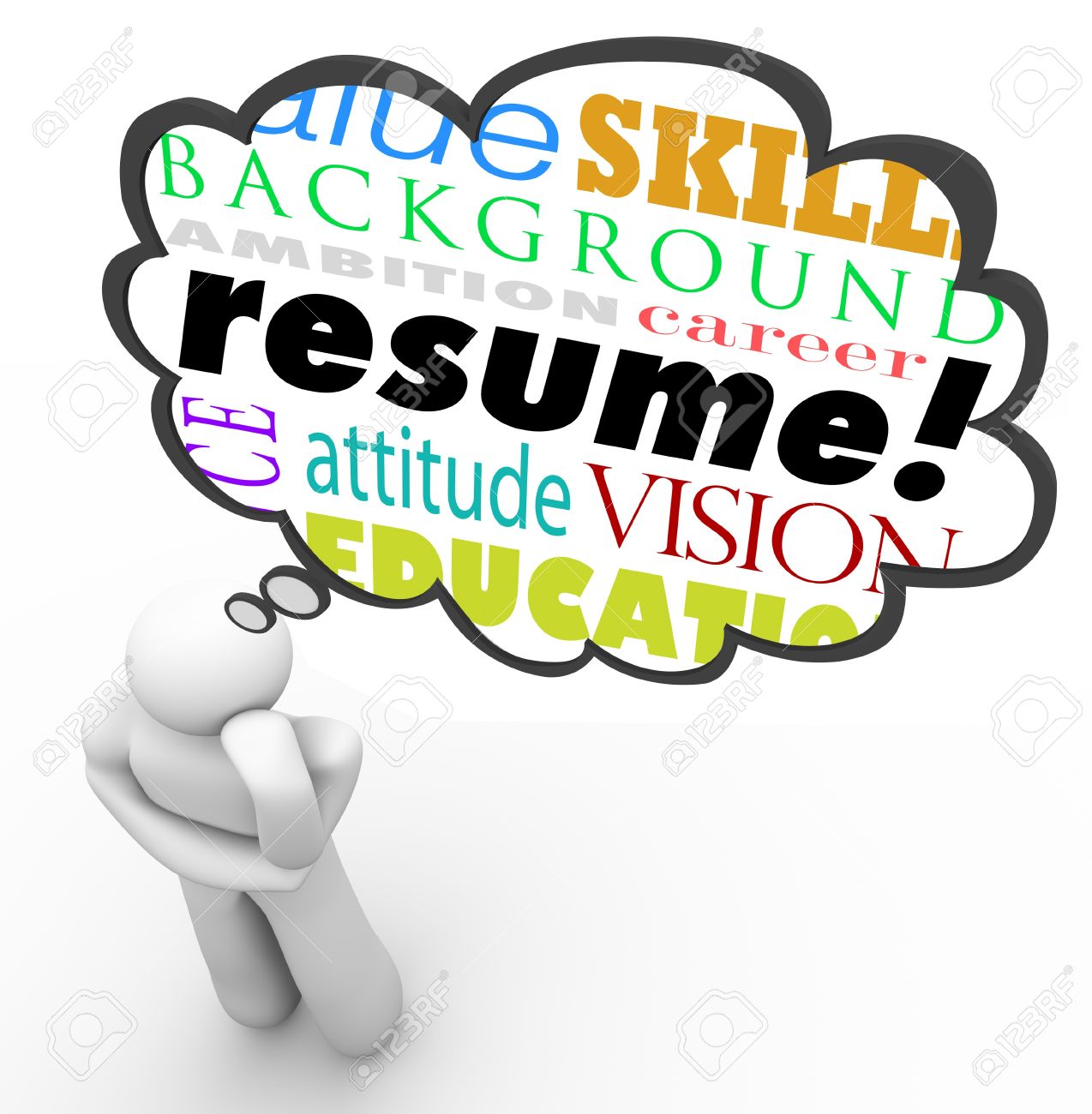 a thought cloud above a thinking person with words resume