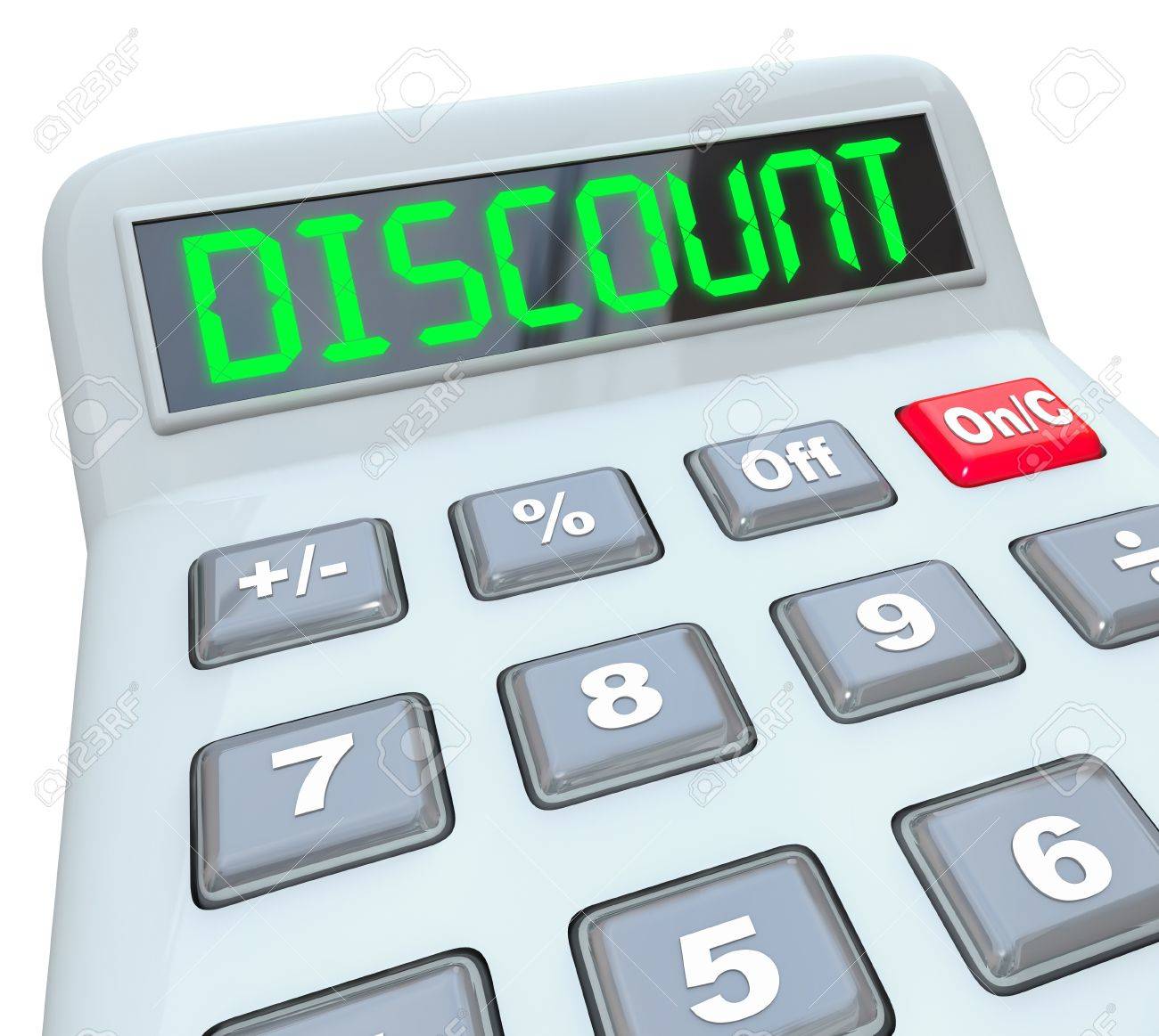 the word discount on a calculator to illustrate savings sale