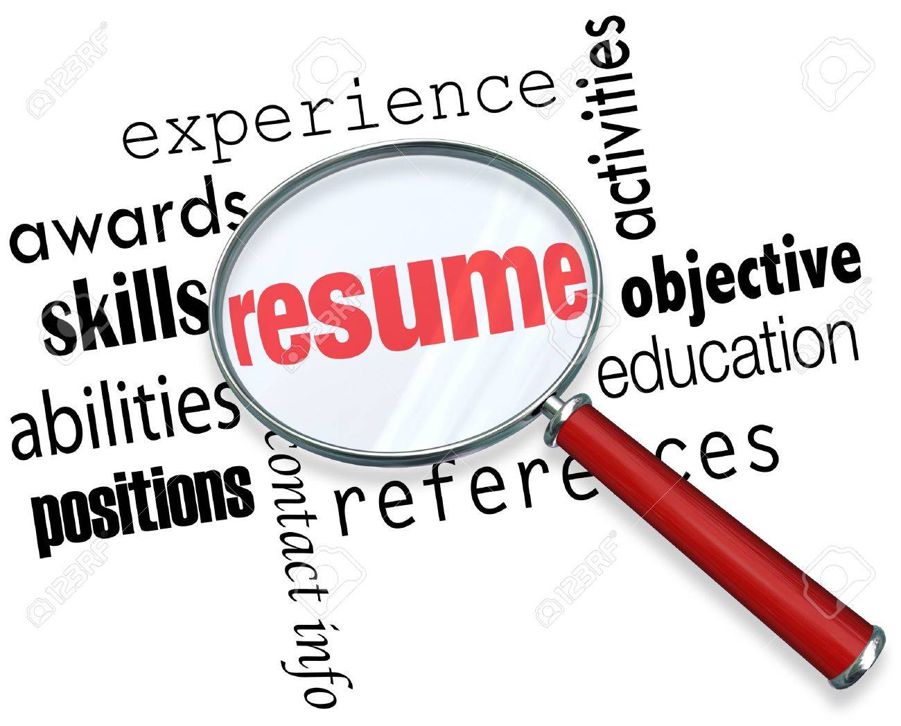a magnifying glass over the word resume surrounded by related terms such as experience awards