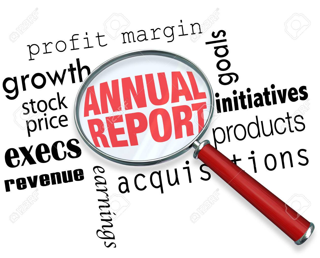 annual report words under a magnifying glass to illustrate searching researching or looking for financial