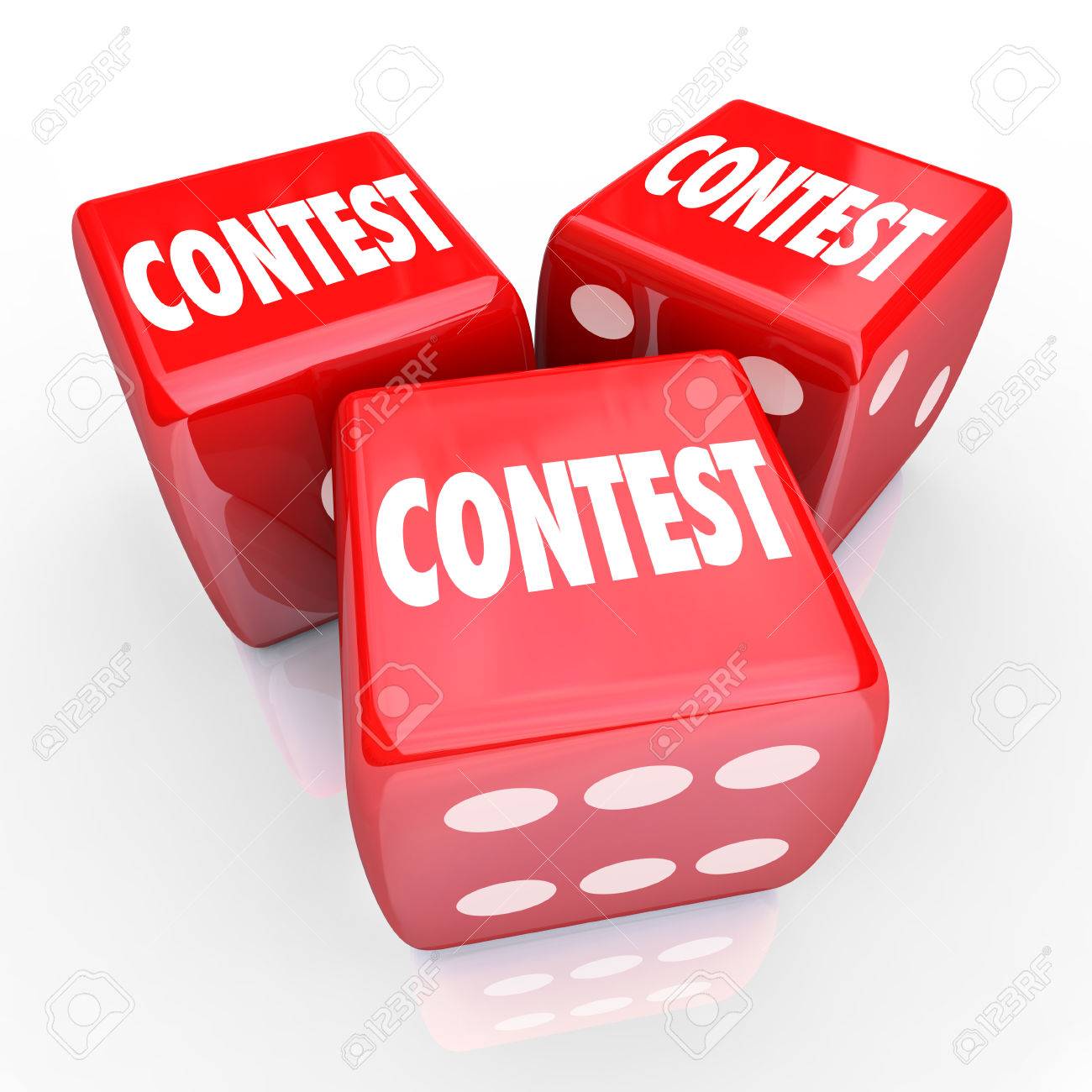 Contest Wort Auf Drei Roten Wurfel 3d Zu Veranschaulichen Rollen Und Spielen Um In Einem Spiel Von Zufall Oder Geschick Zu Gewinnen Um Sich Fur Einen Preis Jackpot Oder Auszeichnung Konkurrieren Lizenzfreie