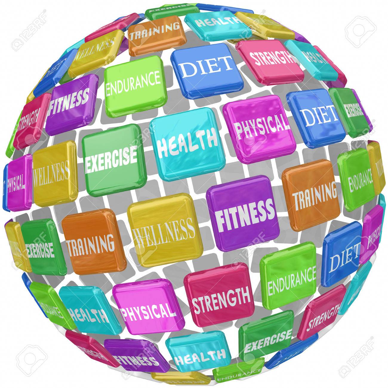 fitness words on colorful tiles in a ball or sphere including health and wellness words