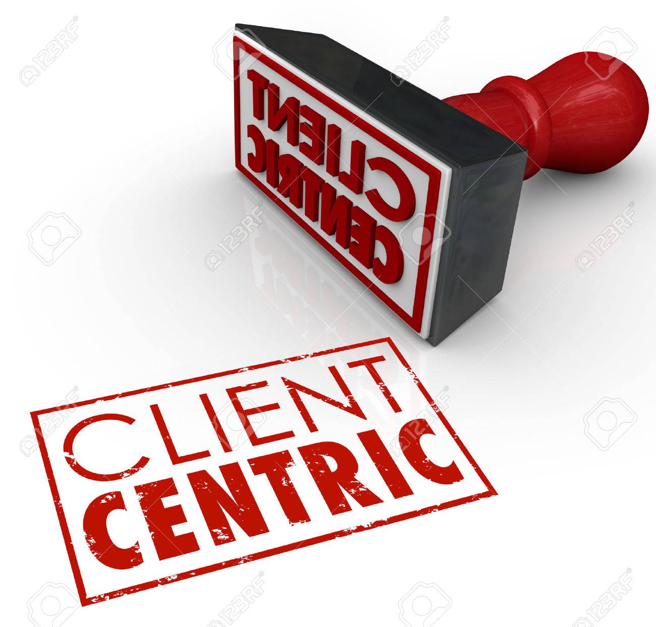 client centric words stamped in red ink certifying a company stock