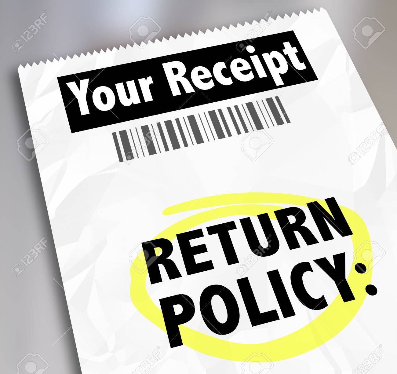 return policy words on a store receipt or proof of purchase to