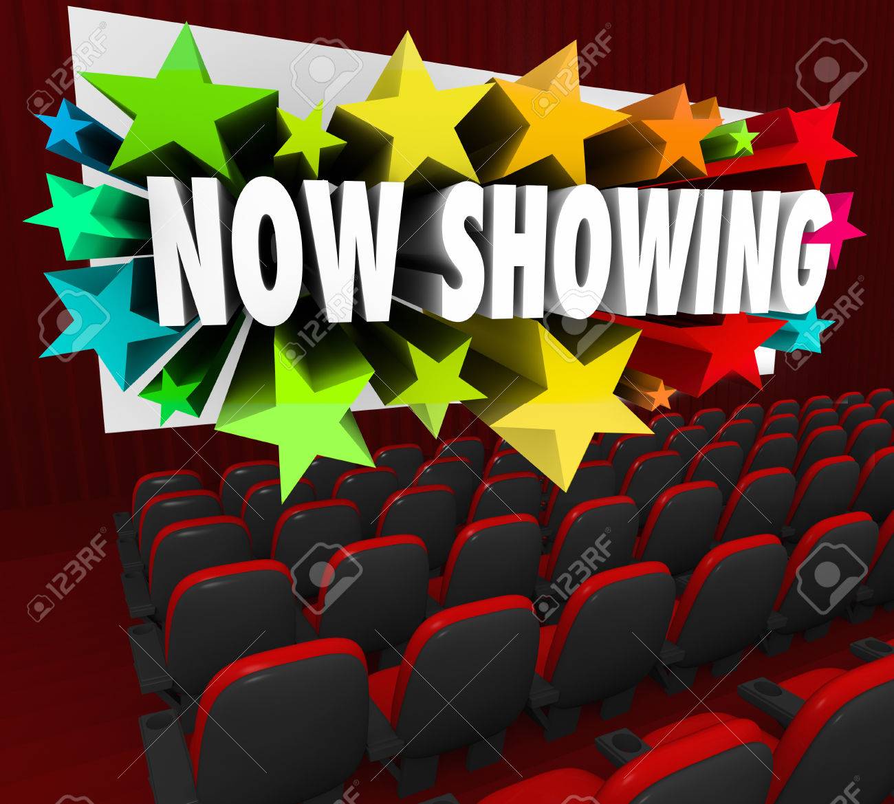 now showing words on a movie screen advertising a movie film