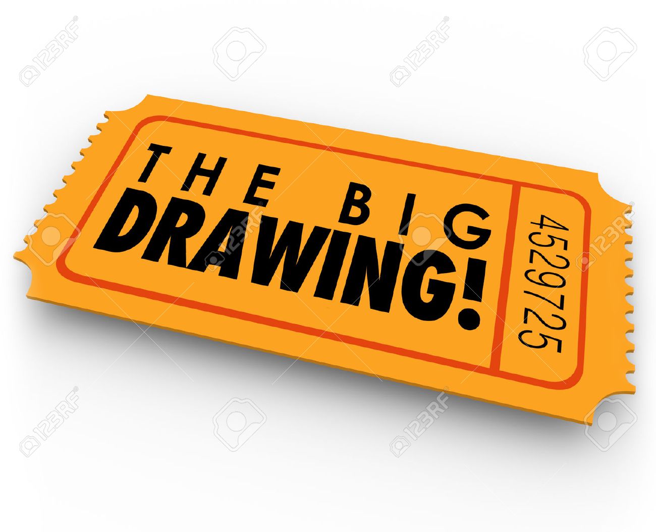 the big drawing words on an orange raffle or contest ticket for drawing raffle tickets