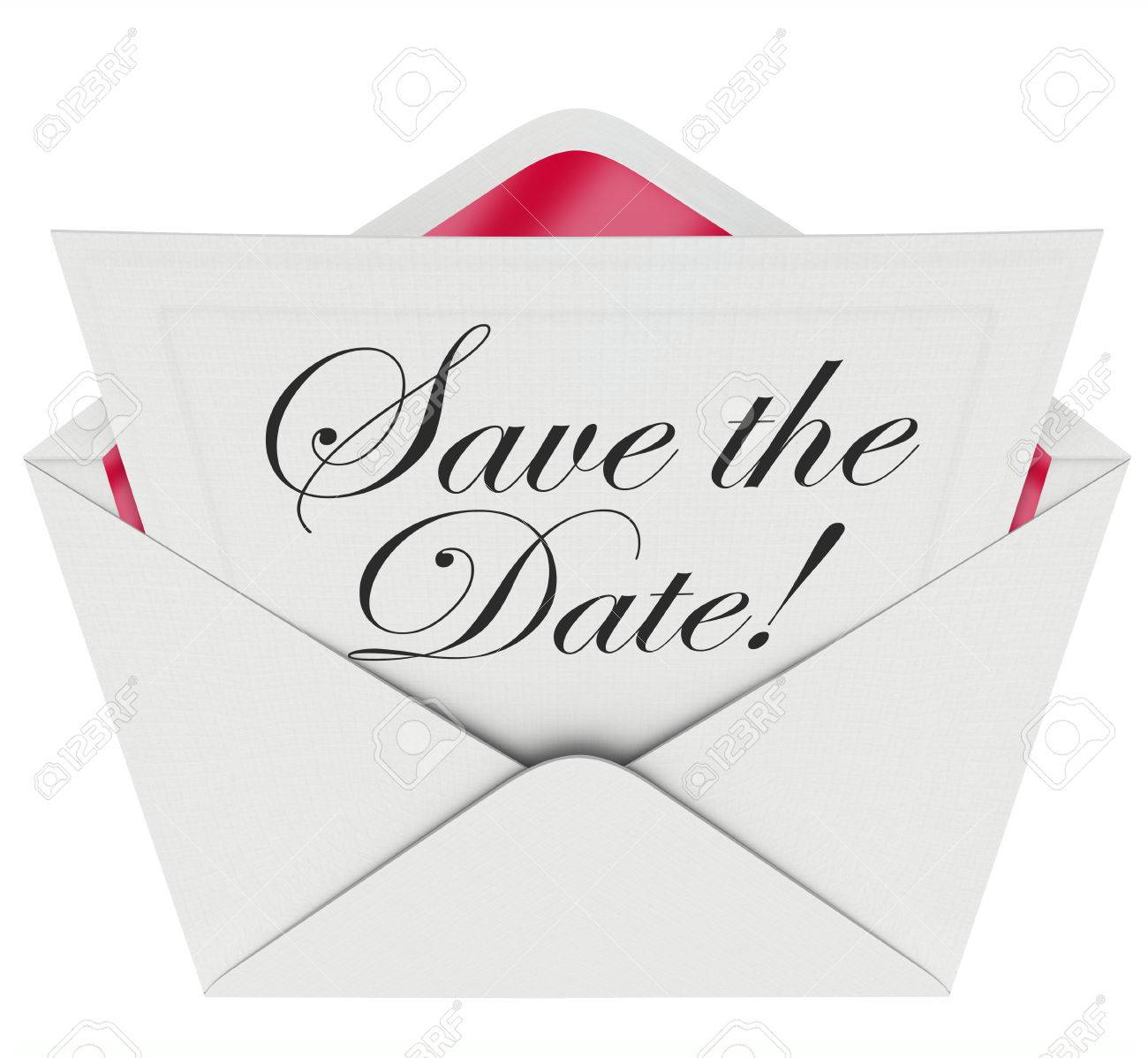 save the date words on an invitation or message note in an open envelope asking you