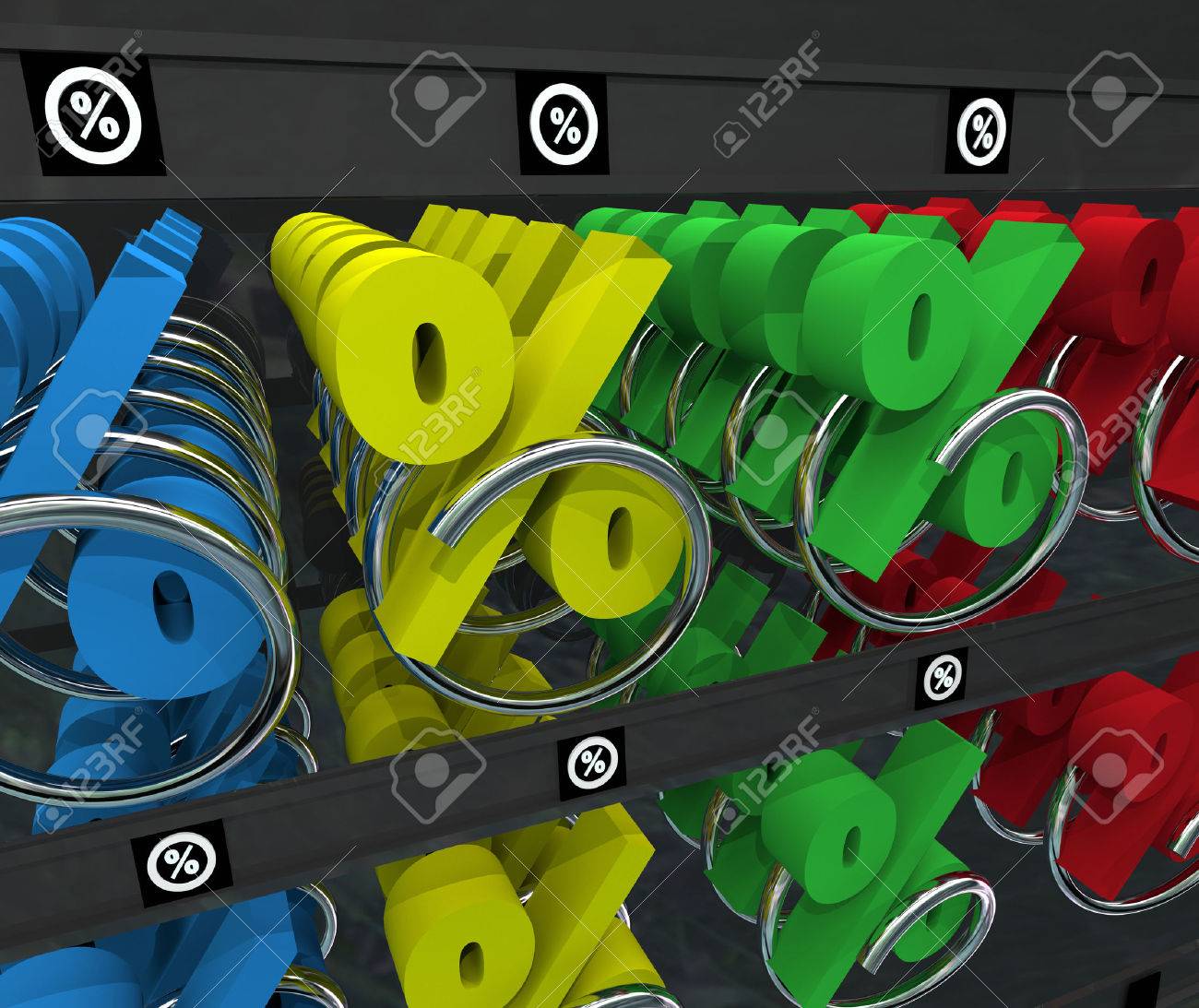 投資または貸付金の最高の金利の比較を示すために軽食や自動販売機でパーセント記号を返す の写真素材 画像素材 Image